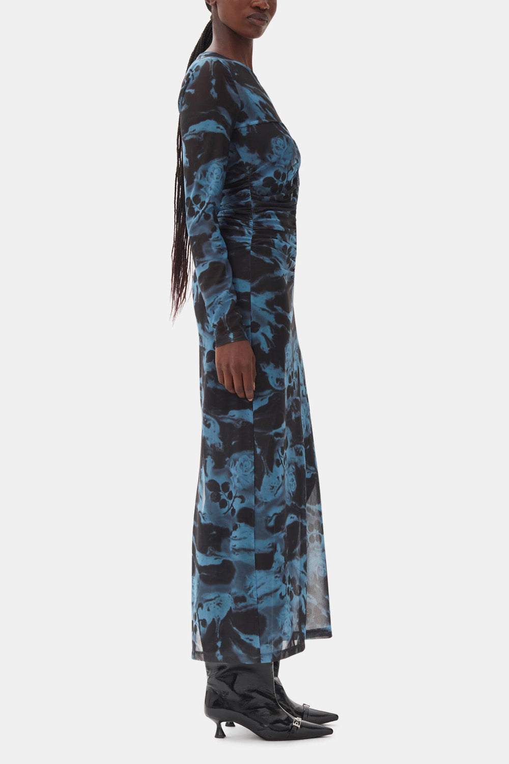 GANNI Hot Sale Blue Printed Mesh O-neck Ruched Long Dress