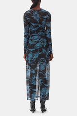 GANNI Hot Sale Blue Printed Mesh O-neck Ruched Long Dress
