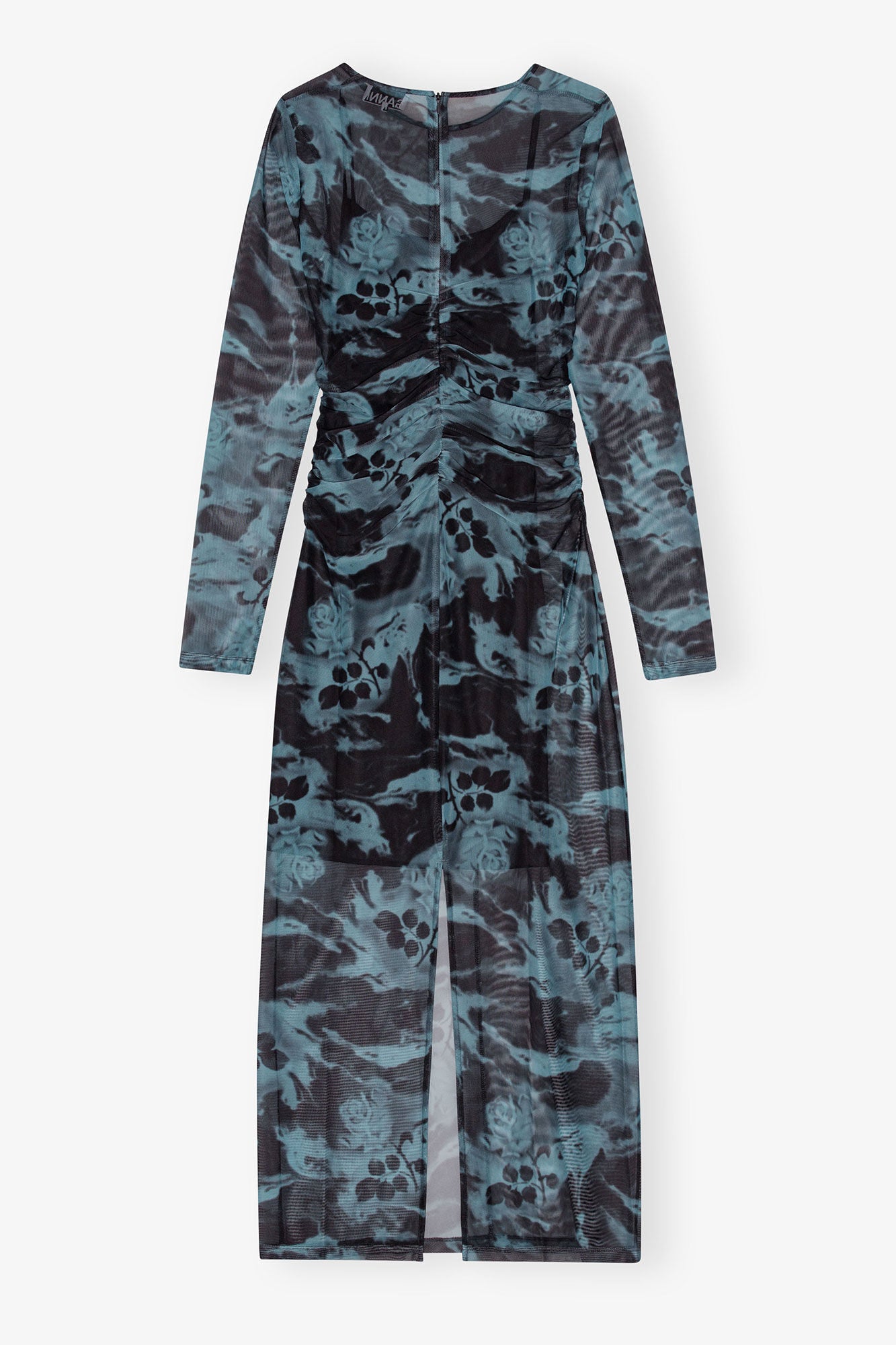 GANNI Hot Sale Blue Printed Mesh O-neck Ruched Long Dress