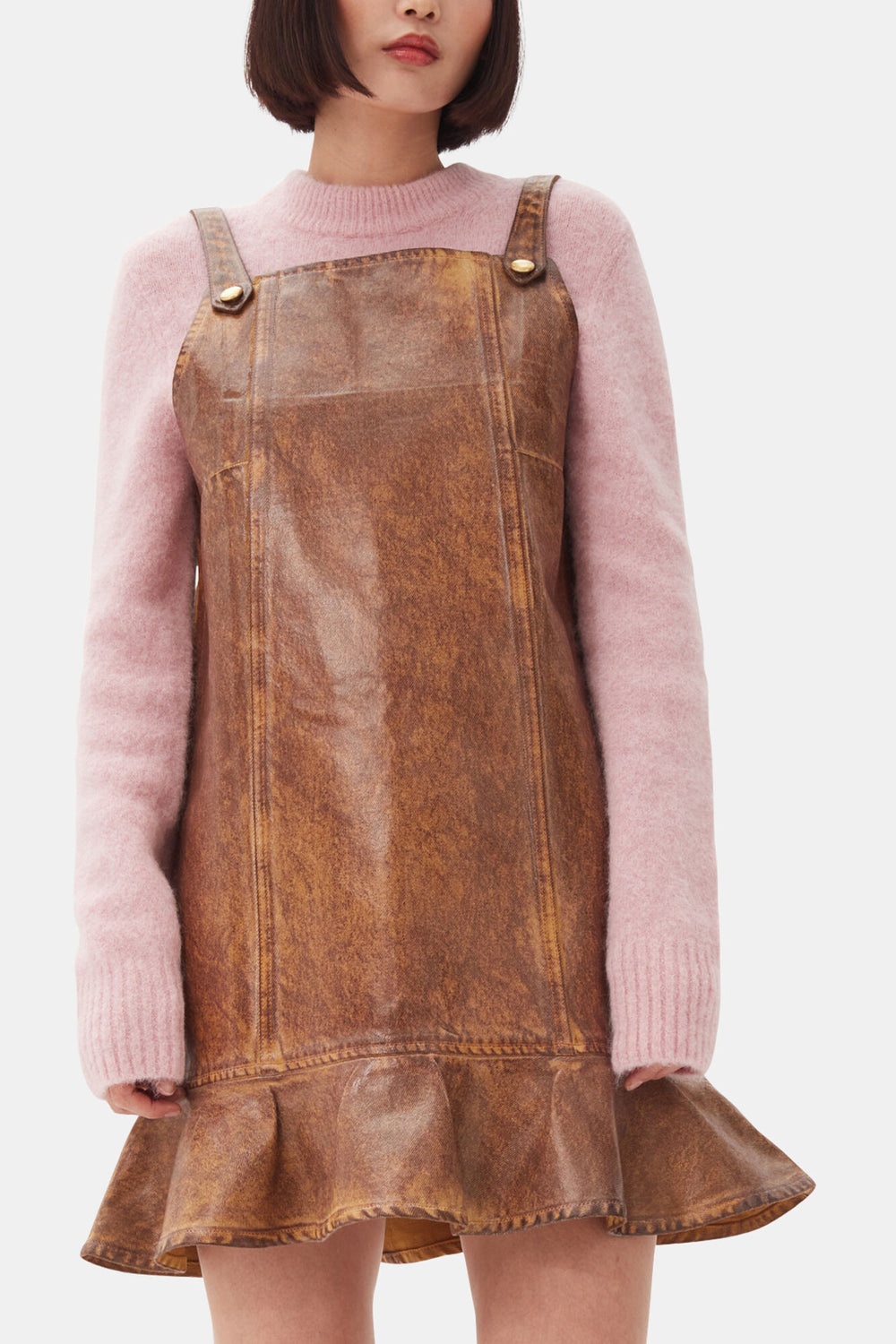 GANNI New Brown Foil Denim Mini Dress