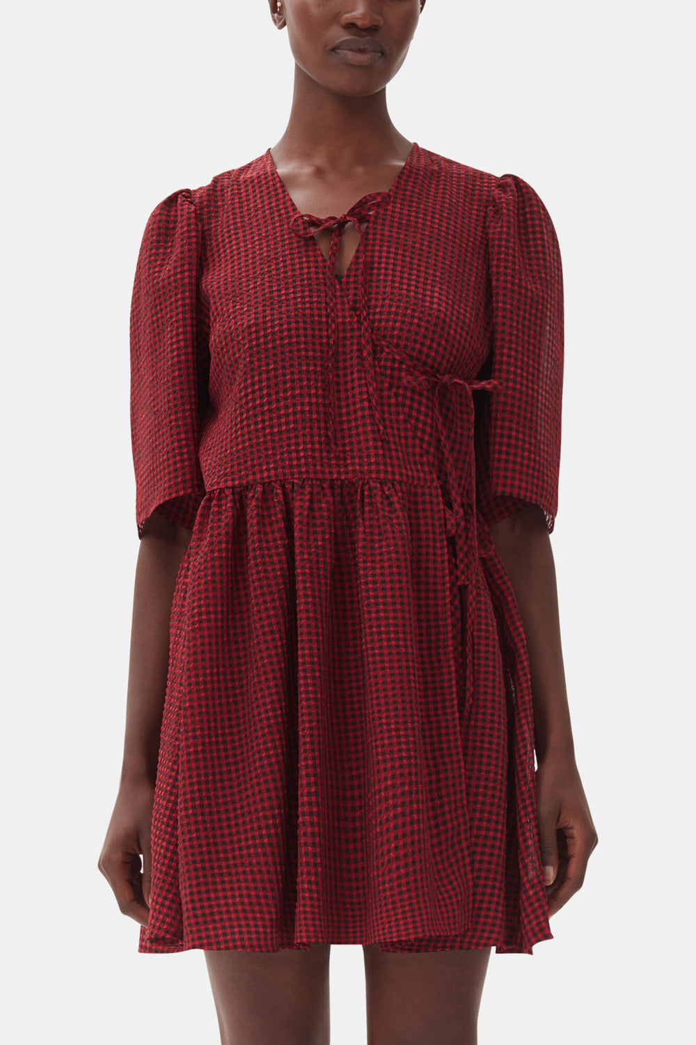 GANNI us Red Sheer Tie String Wrap Dress