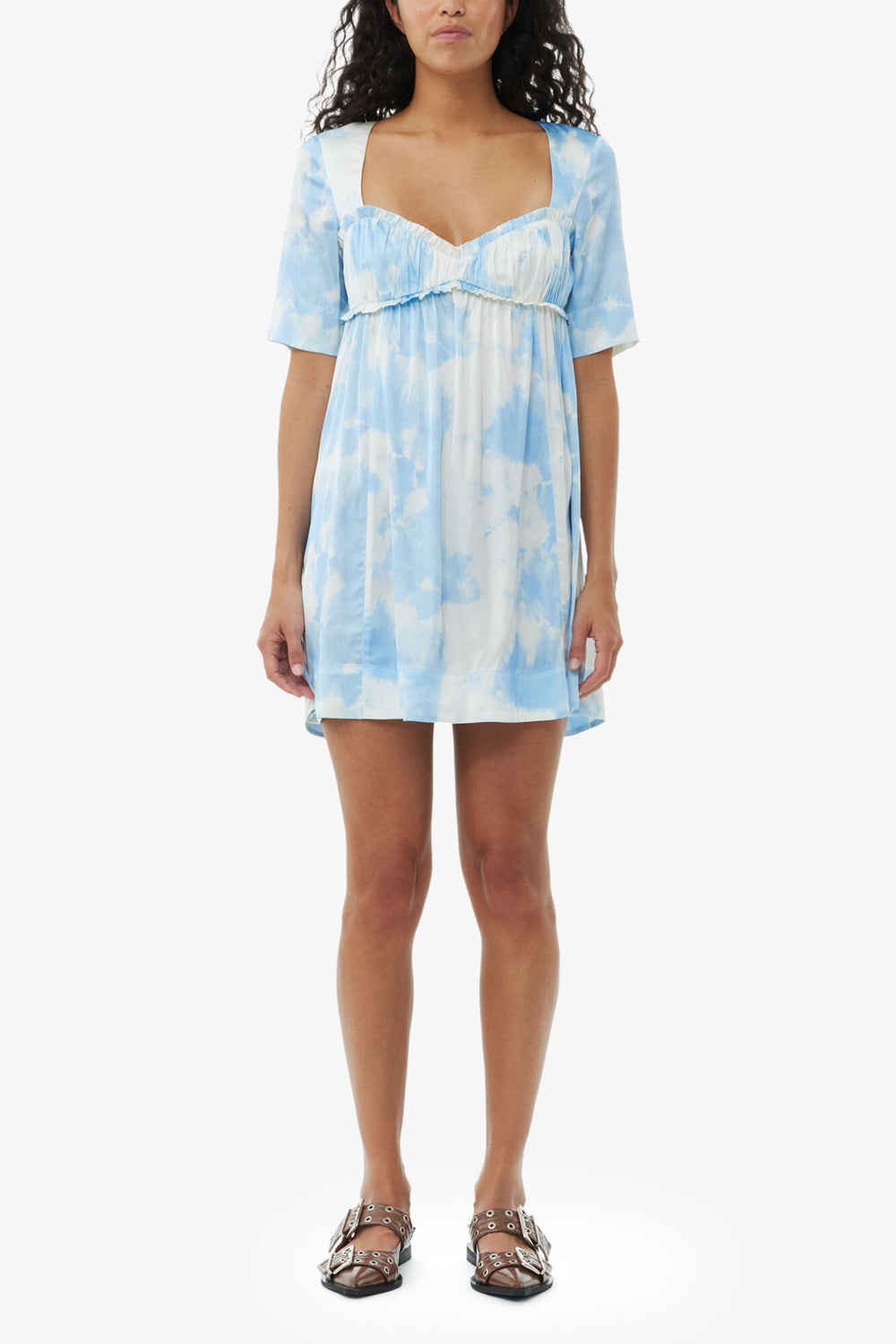 GANNI Discount Printed Satin Short Sleeve Mini Dress