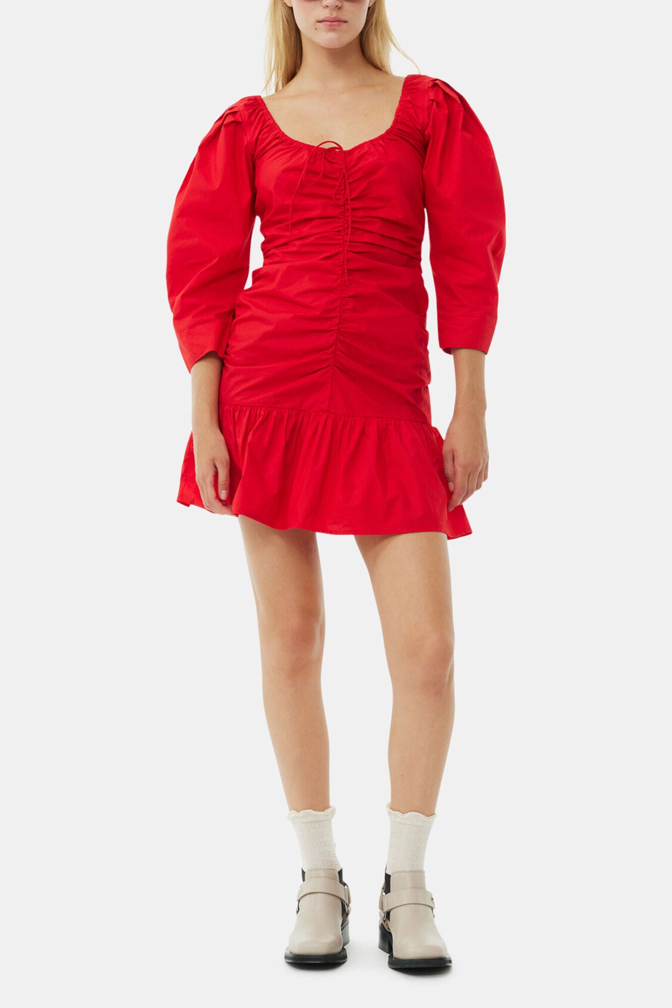 GANNI On Sale Red Cotton Poplin Gathered U-neck Mini Dress