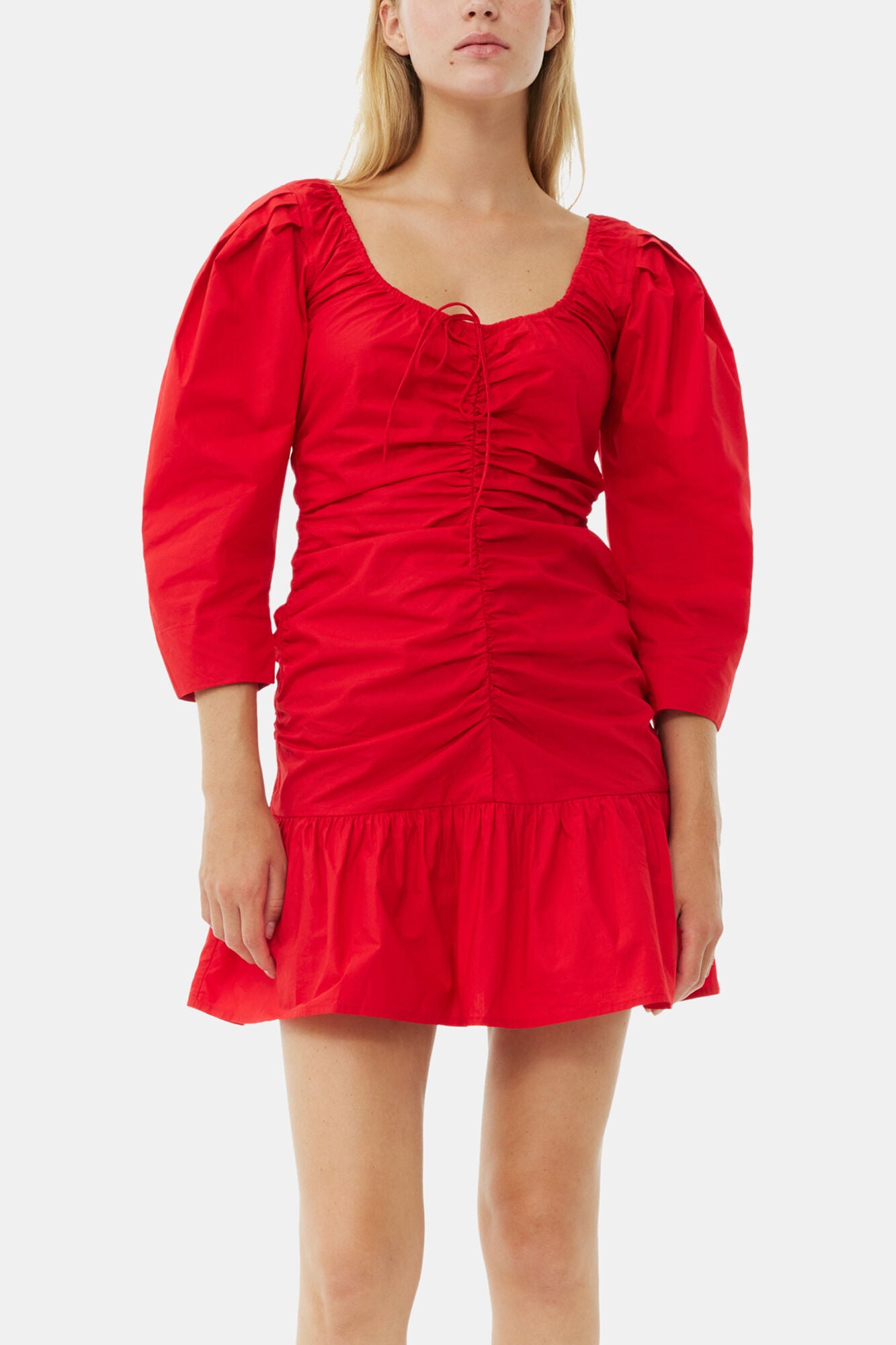 GANNI On Sale Red Cotton Poplin Gathered U-neck Mini Dress