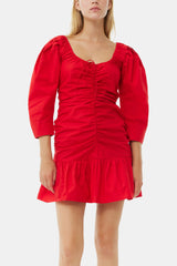 GANNI On Sale Red Cotton Poplin Gathered U-neck Mini Dress