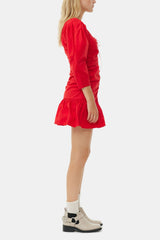 GANNI On Sale Red Cotton Poplin Gathered U-neck Mini Dress