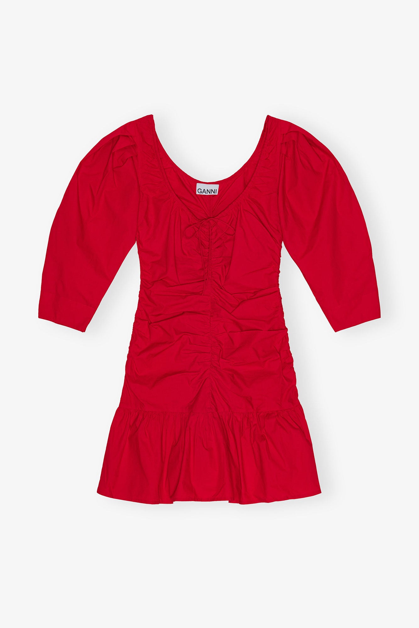 GANNI On Sale Red Cotton Poplin Gathered U-neck Mini Dress
