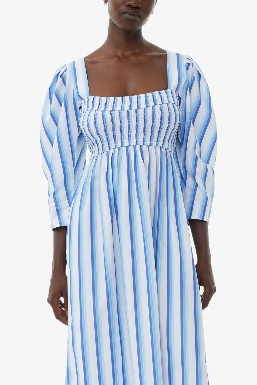 GANNI For Sale Blue Striped Cotton Smock Long Dress