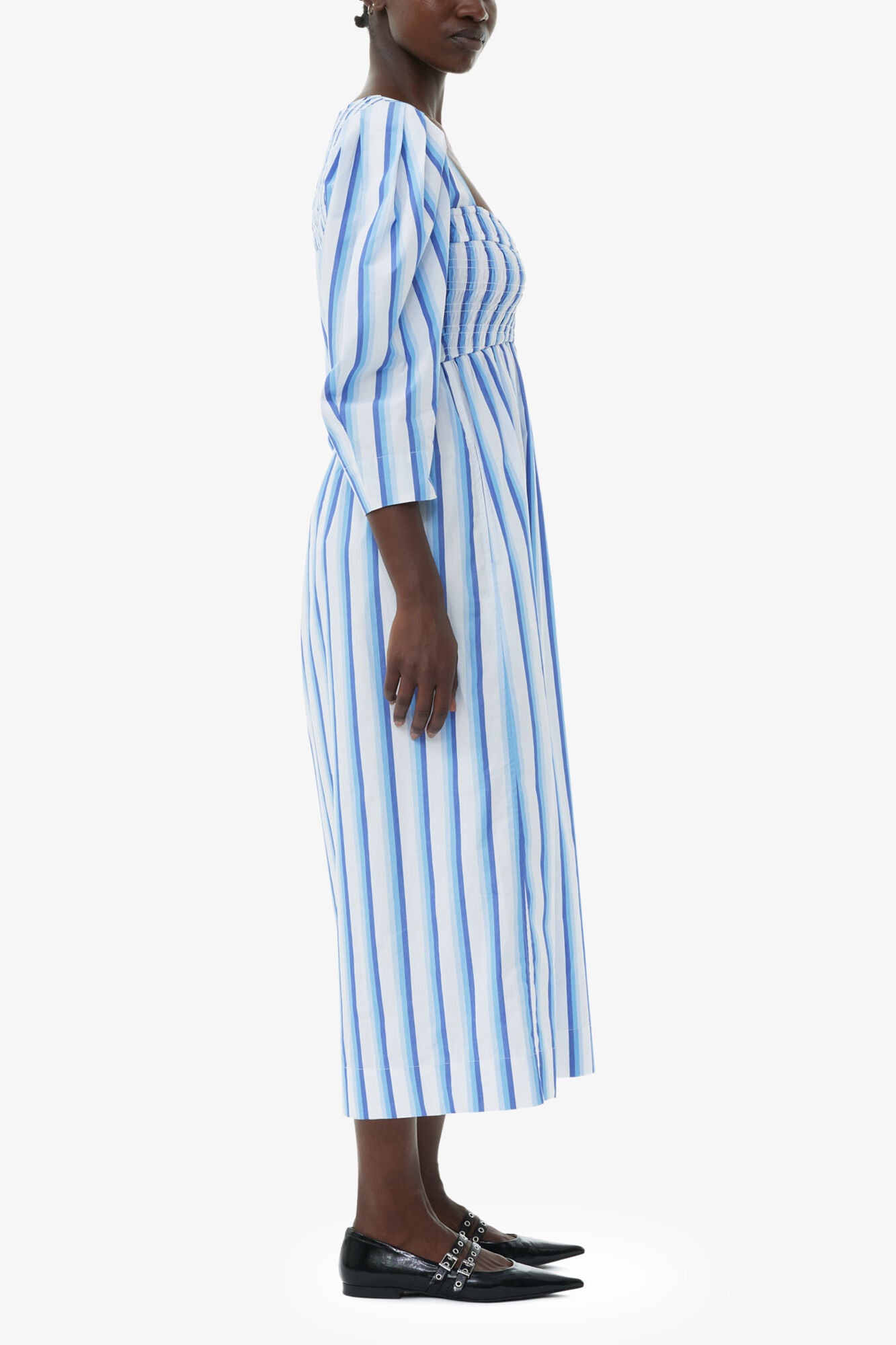 GANNI For Sale Blue Striped Cotton Smock Long Dress