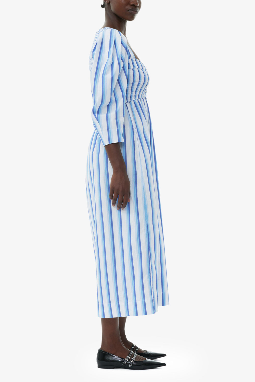 GANNI For Sale Blue Striped Cotton Smock Long Dress
