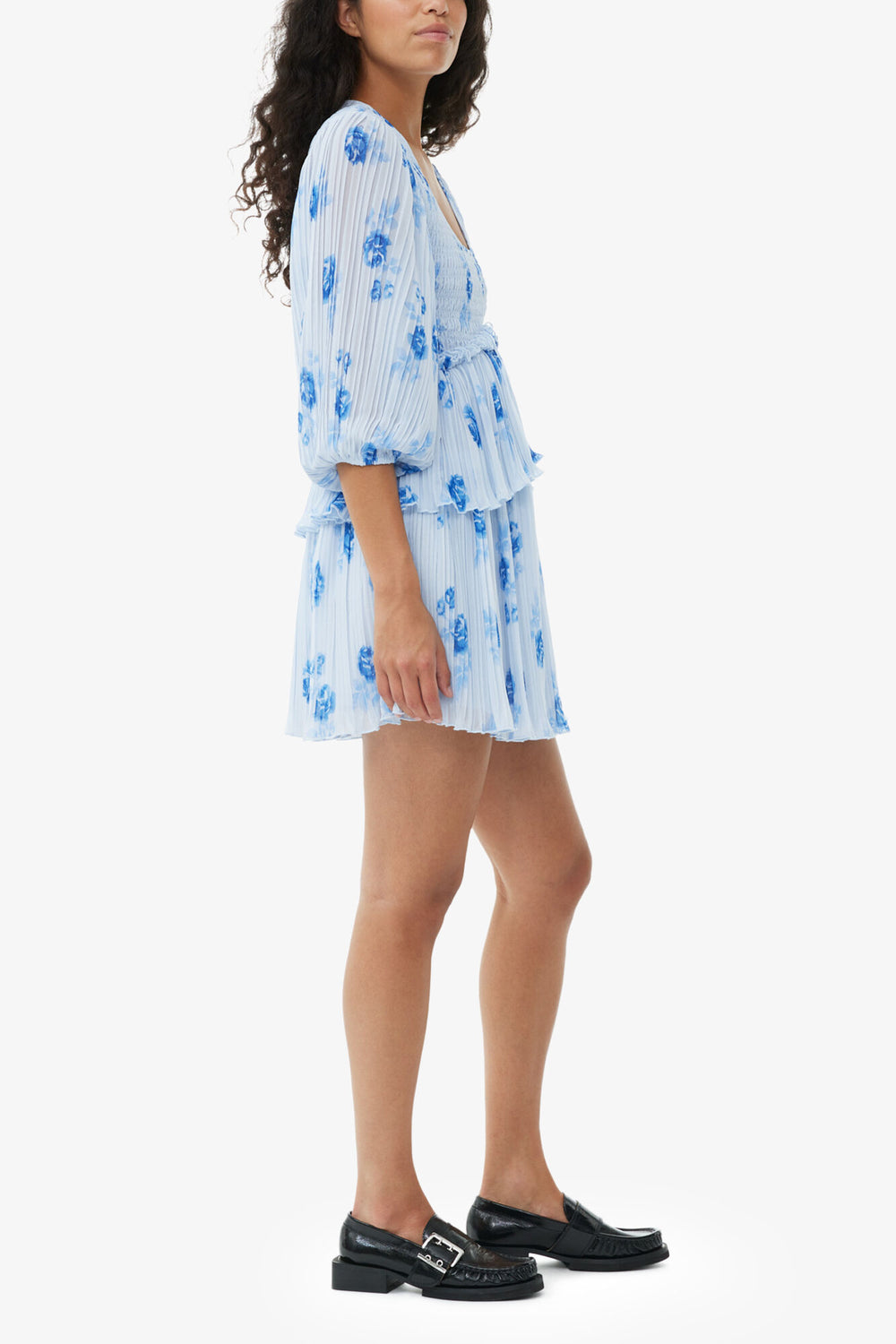 GANNI Outlet Blue Pleated Georgette Flounce Smock Mini Dress