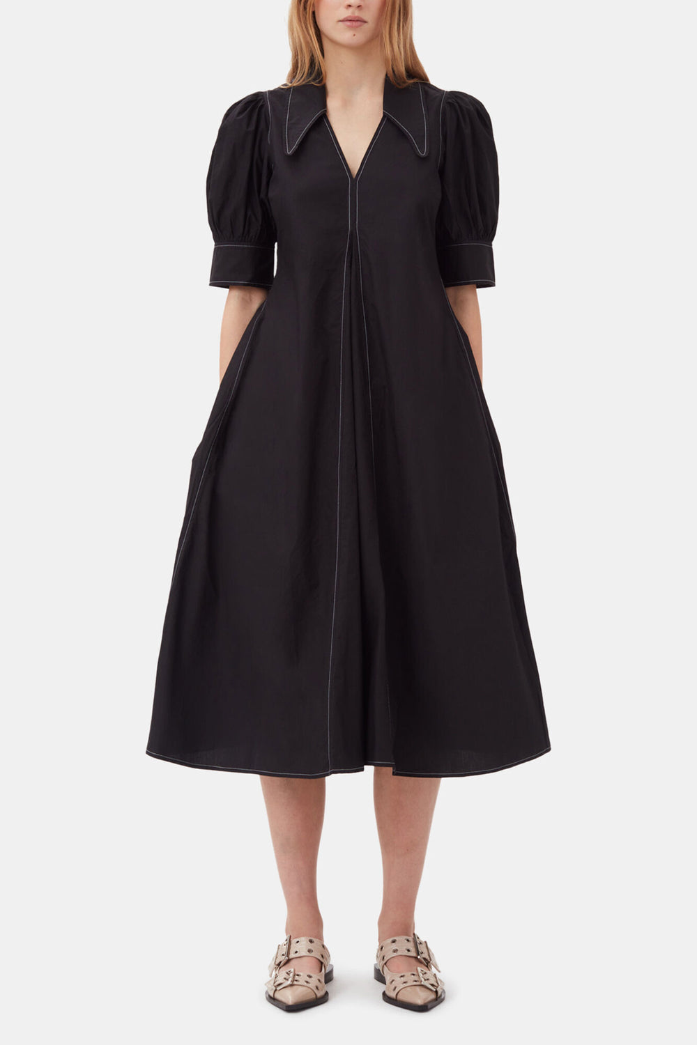 GANNI Hot Sale Cotton Poplin V-Neck Midi Dress