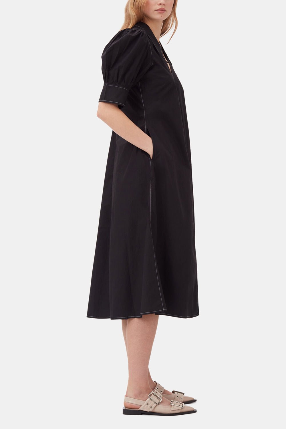 GANNI Hot Sale Cotton Poplin V-Neck Midi Dress