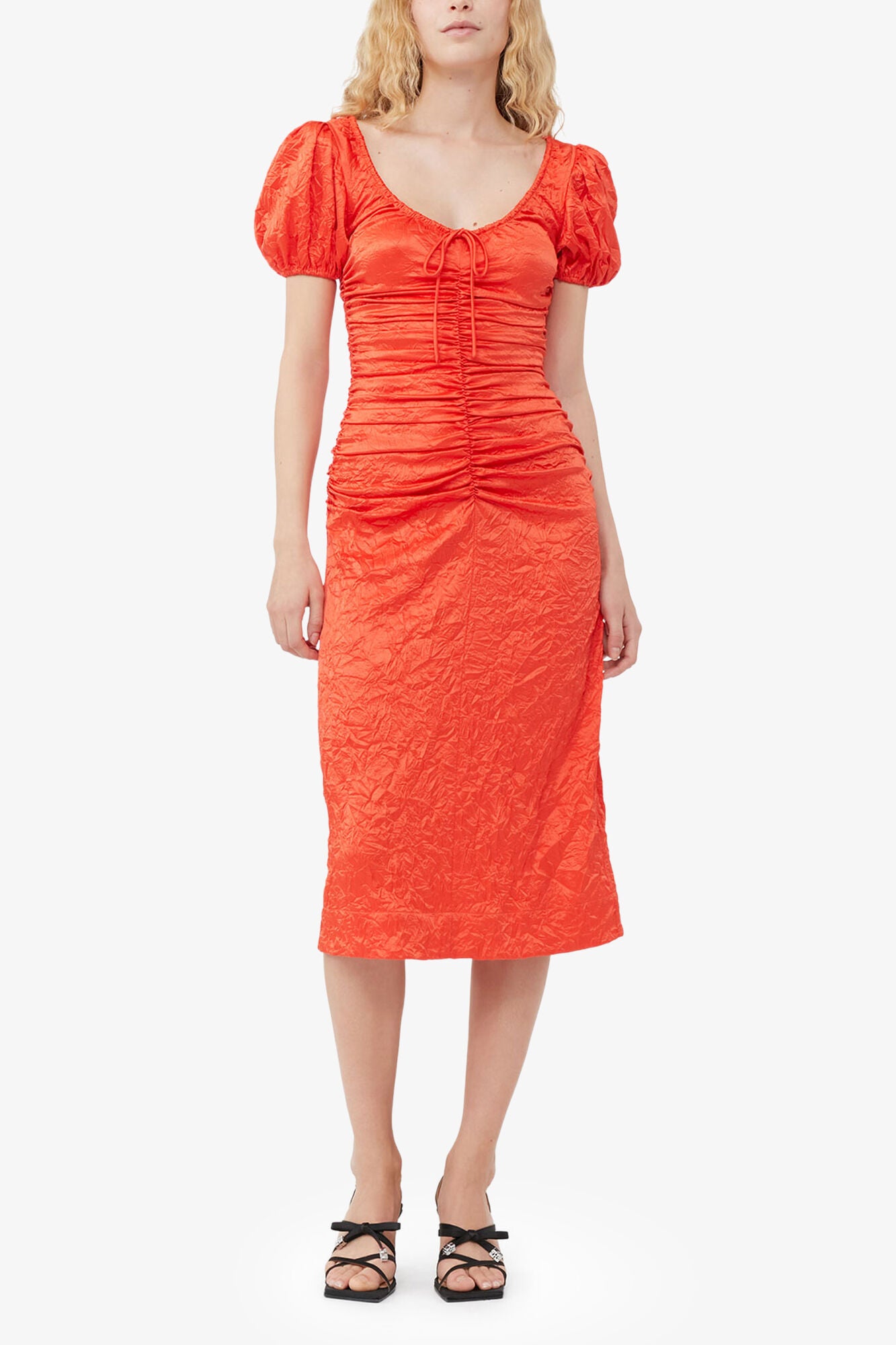 GANNI New Red Crinkled Satin Midi Dress