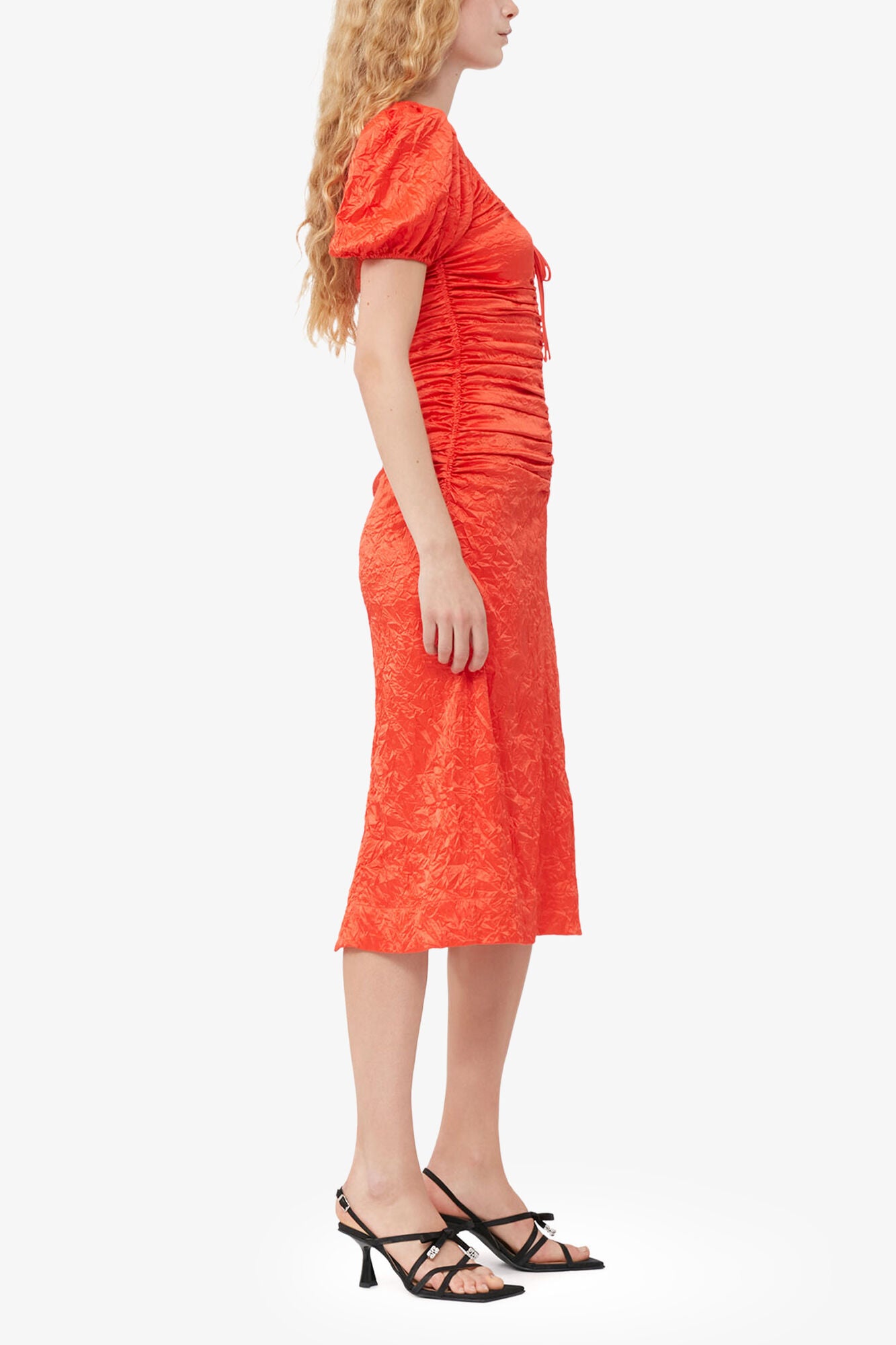 GANNI New Red Crinkled Satin Midi Dress