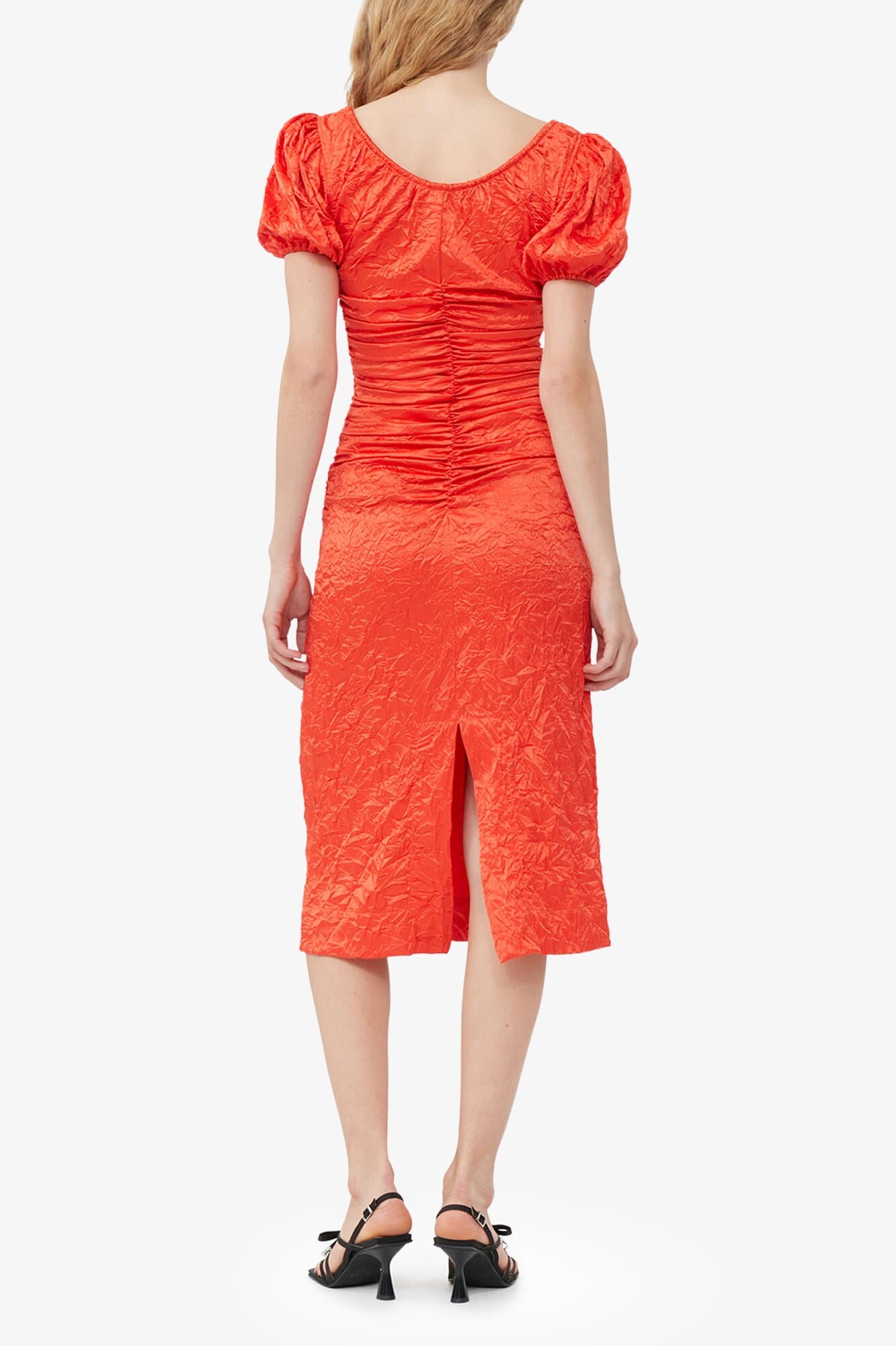 GANNI New Red Crinkled Satin Midi Dress