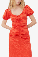 GANNI New Red Crinkled Satin Midi Dress