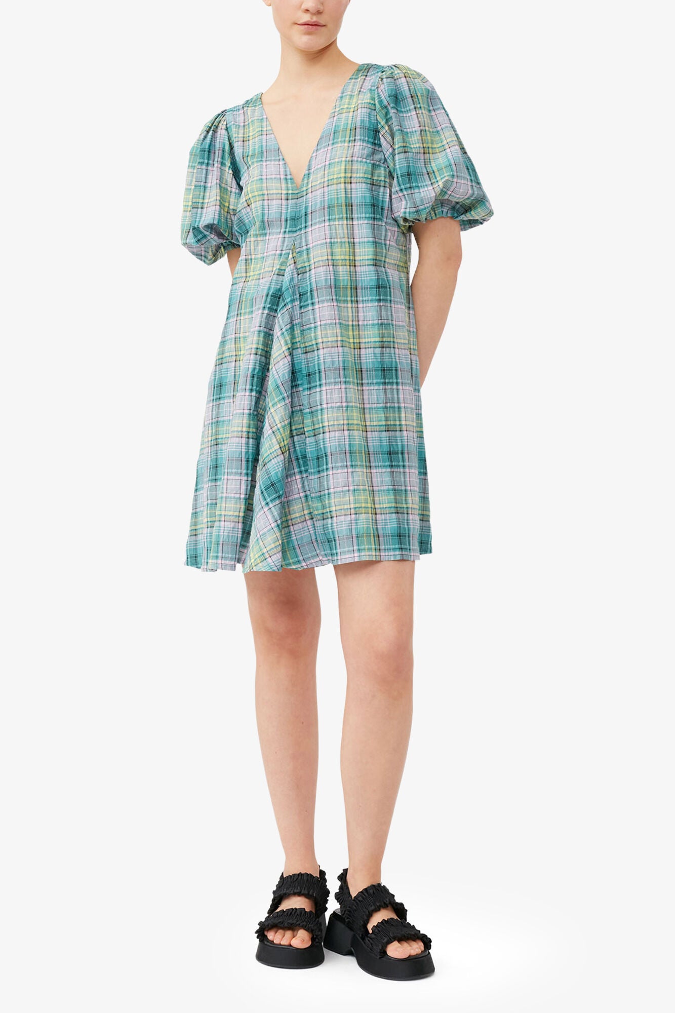 GANNI For Sale Seersucker Check V-Neck Mini Dress