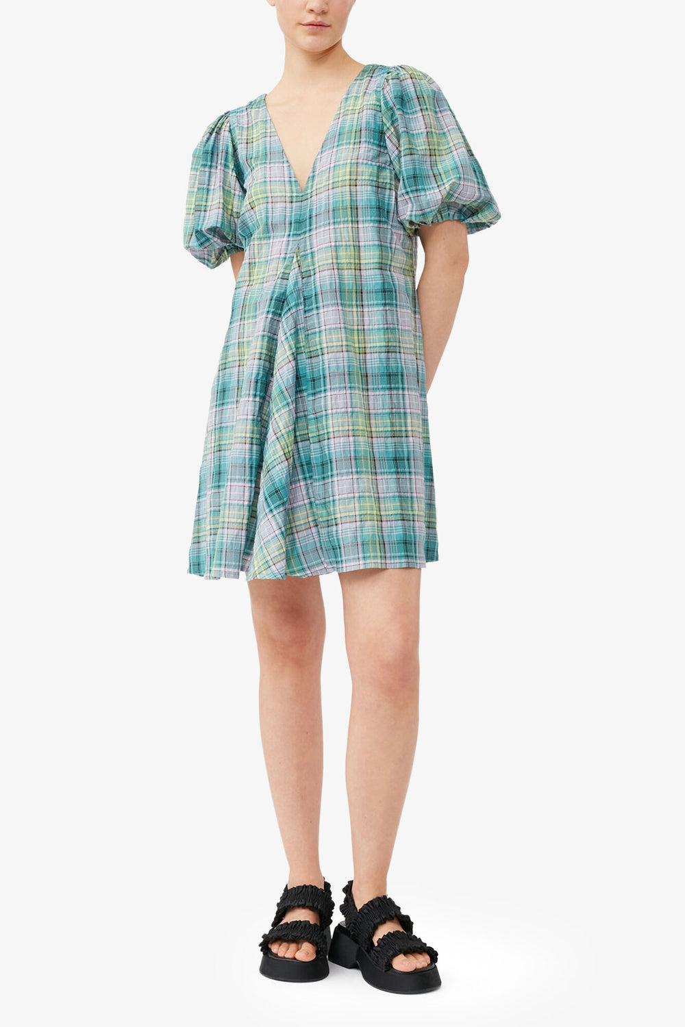 GANNI For Sale Seersucker Check V-Neck Mini Dress