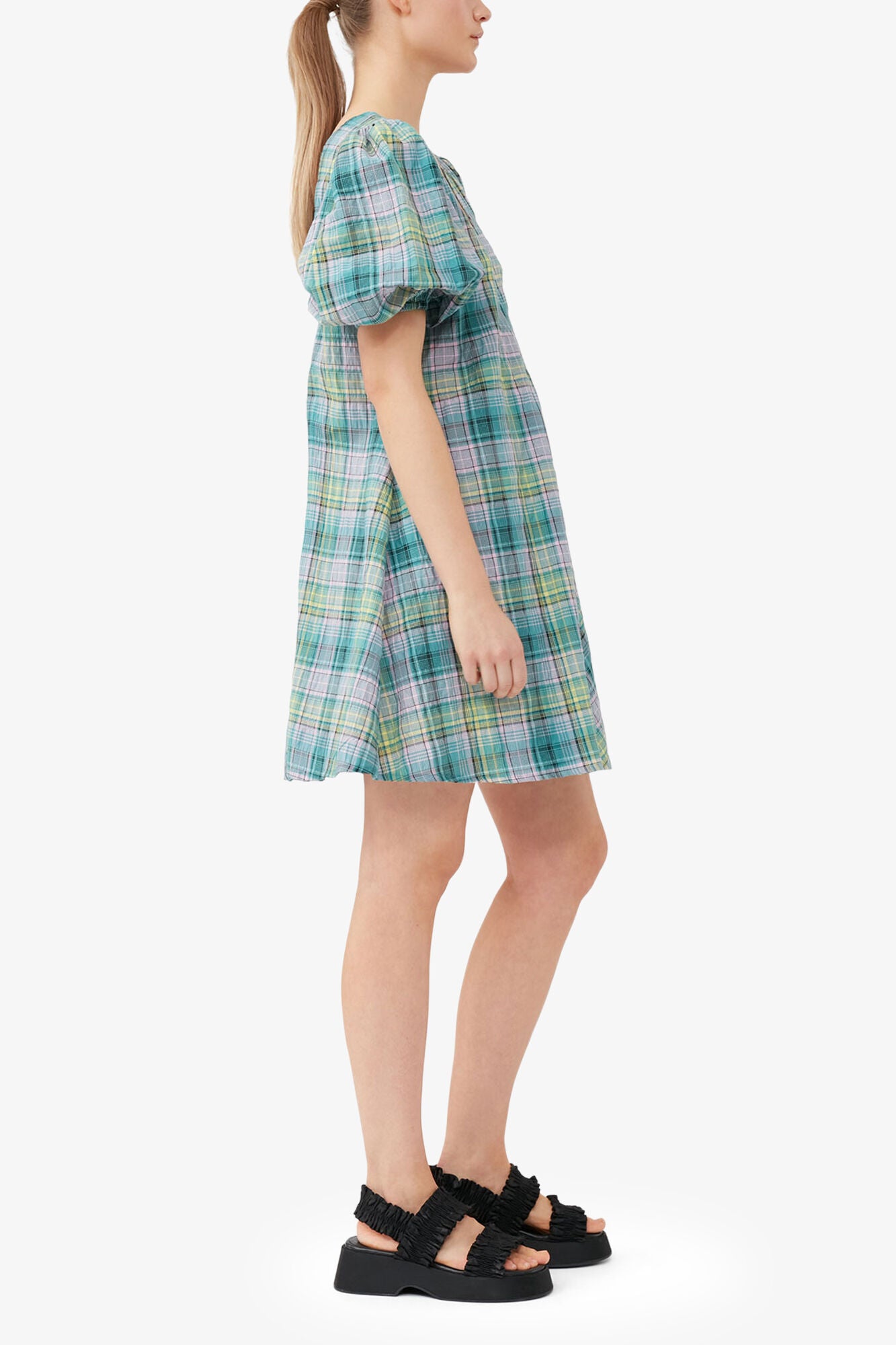 GANNI For Sale Seersucker Check V-Neck Mini Dress