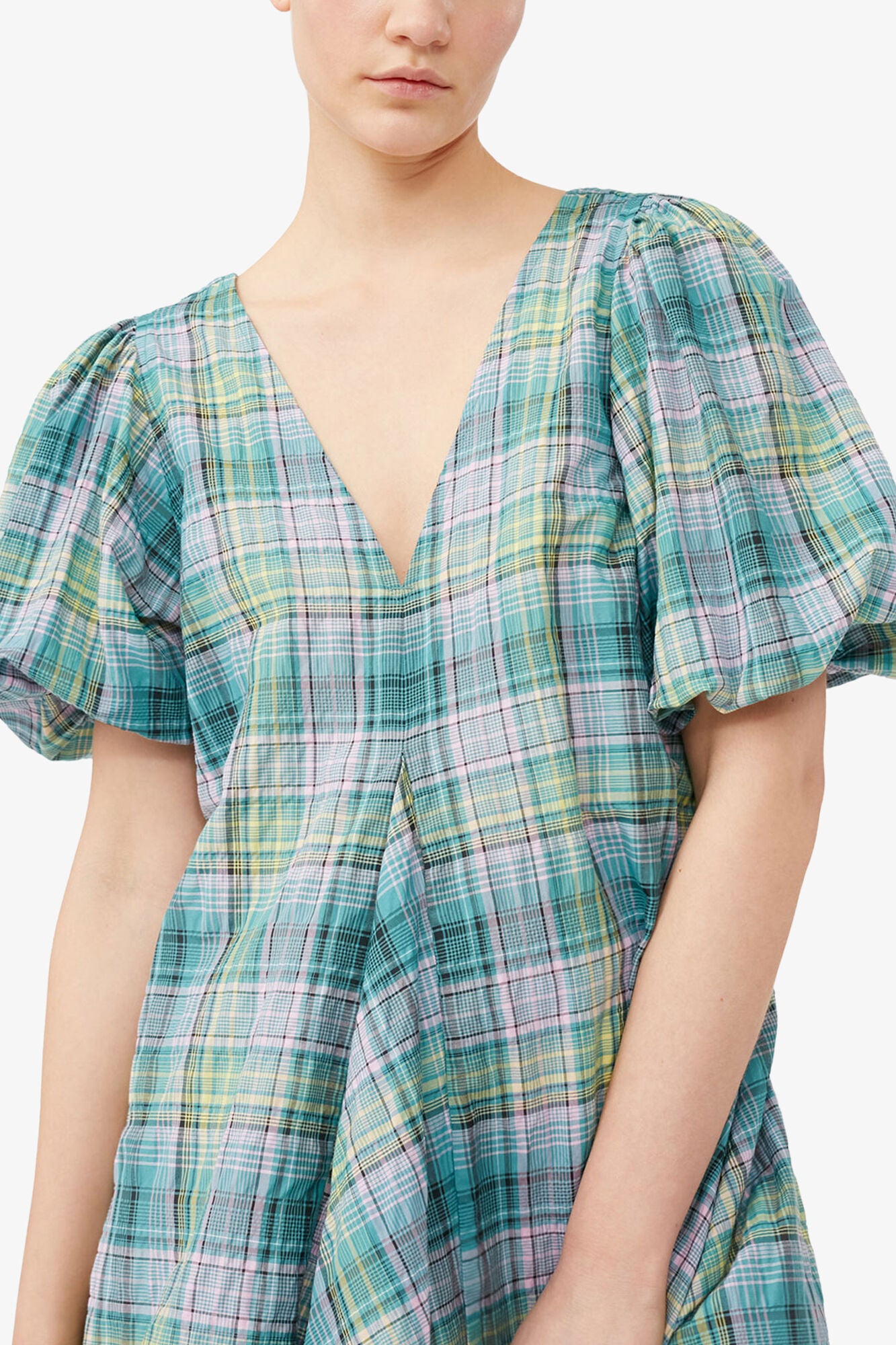 GANNI For Sale Seersucker Check V-Neck Mini Dress