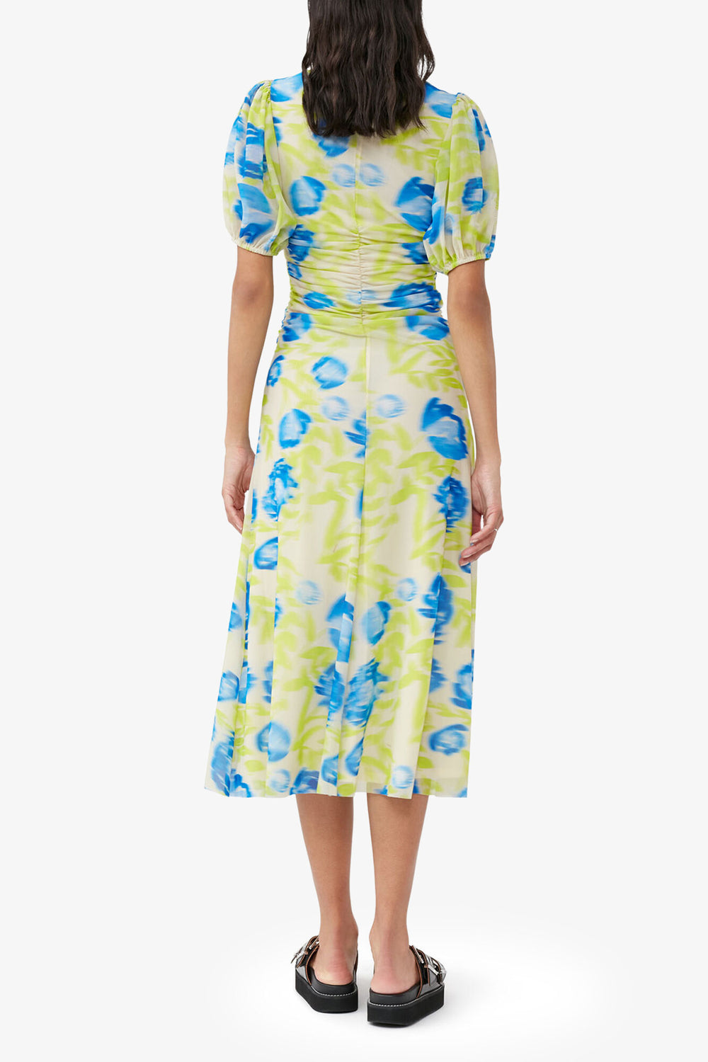 GANNI Outlet Printed Mesh Puff Sleeve Midi Dress