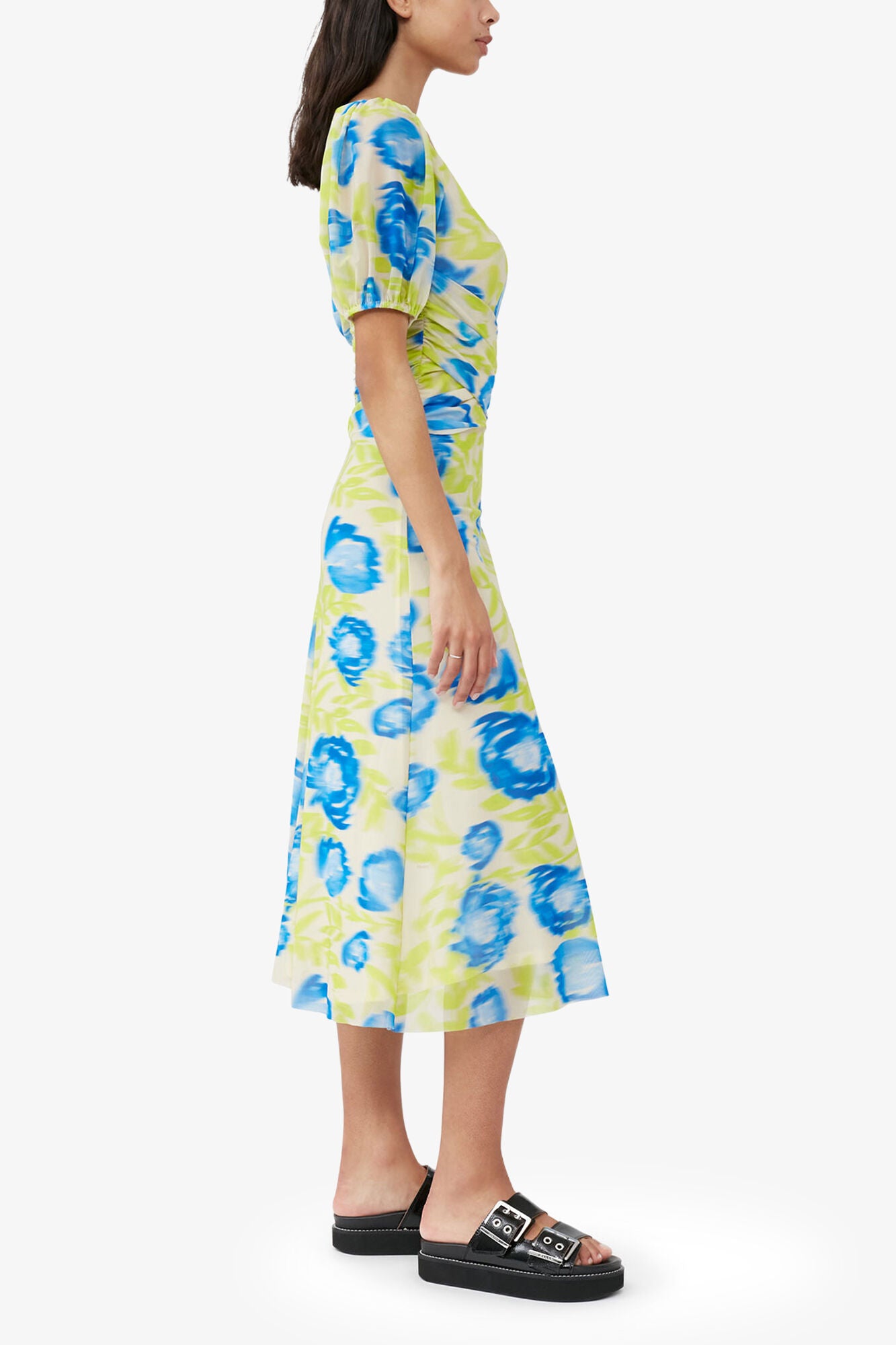 GANNI Outlet Printed Mesh Puff Sleeve Midi Dress