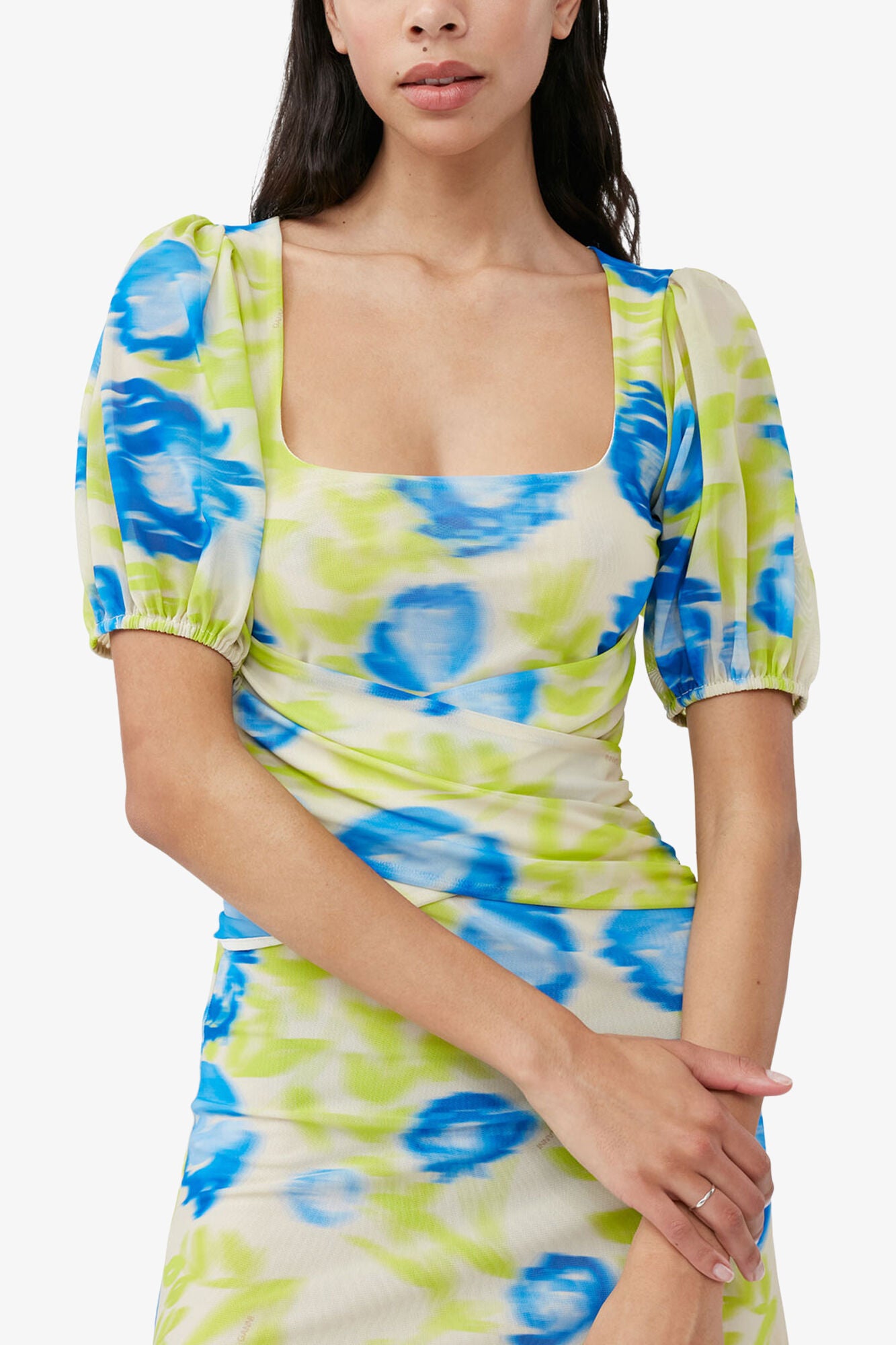 GANNI Outlet Printed Mesh Puff Sleeve Midi Dress