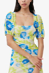 GANNI Outlet Printed Mesh Puff Sleeve Midi Dress