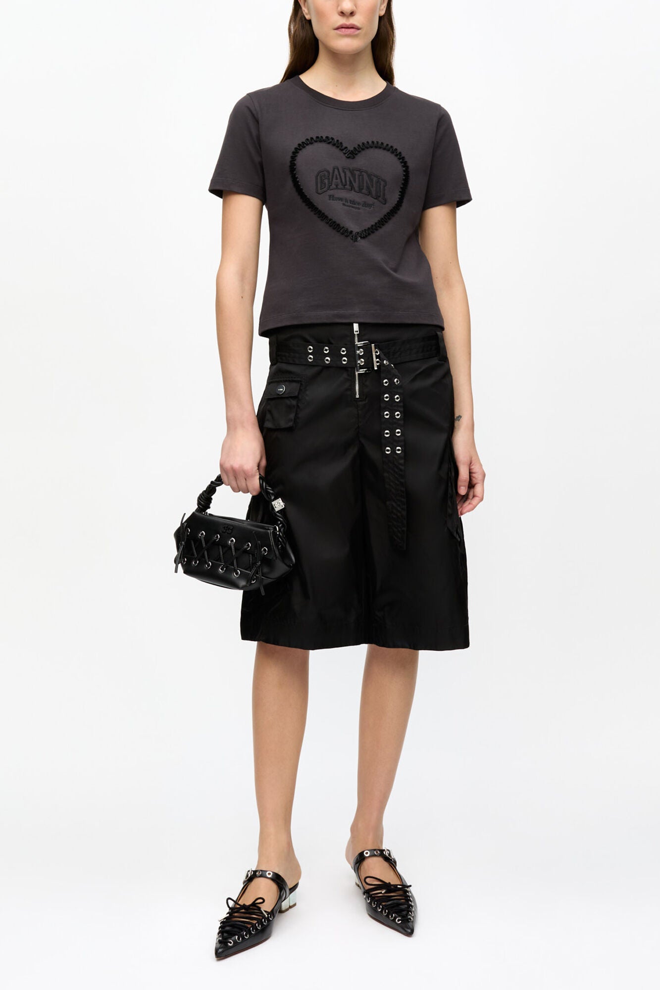 GANNI Discount Black Cropped Heart T-shirt