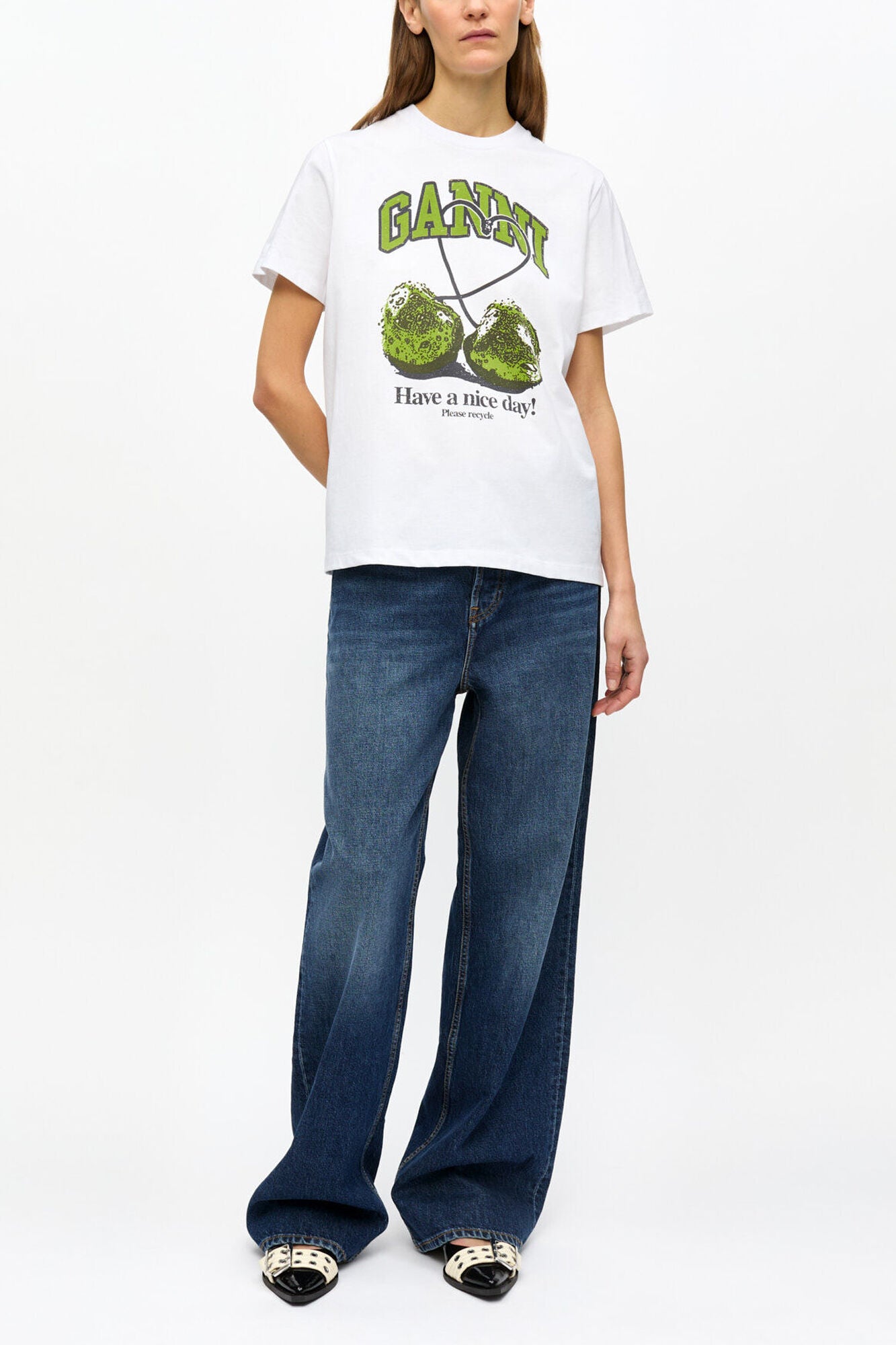 GANNI New White Basic Jersey Cherry Relaxed T-shirt