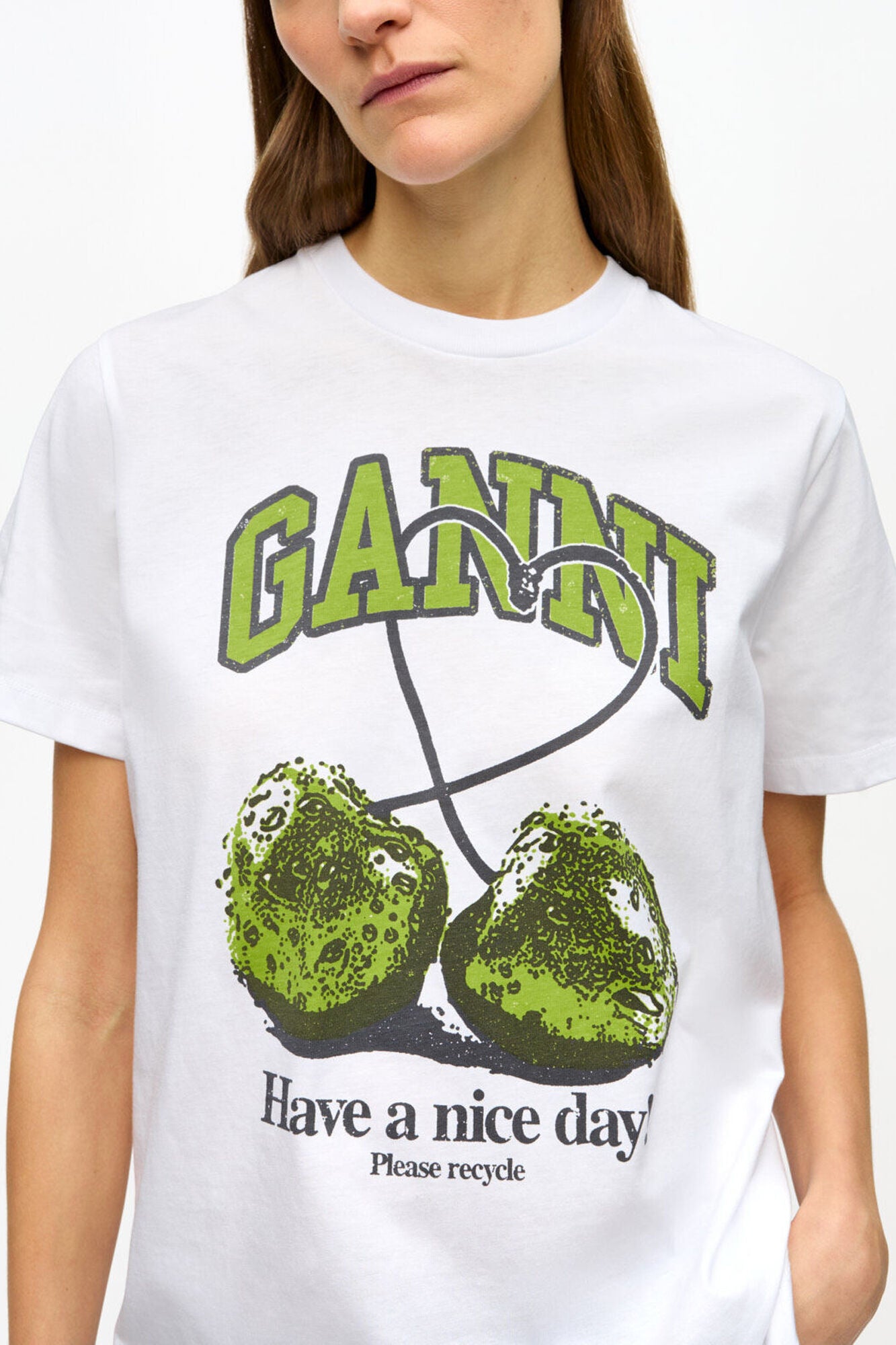 GANNI New White Basic Jersey Cherry Relaxed T-shirt