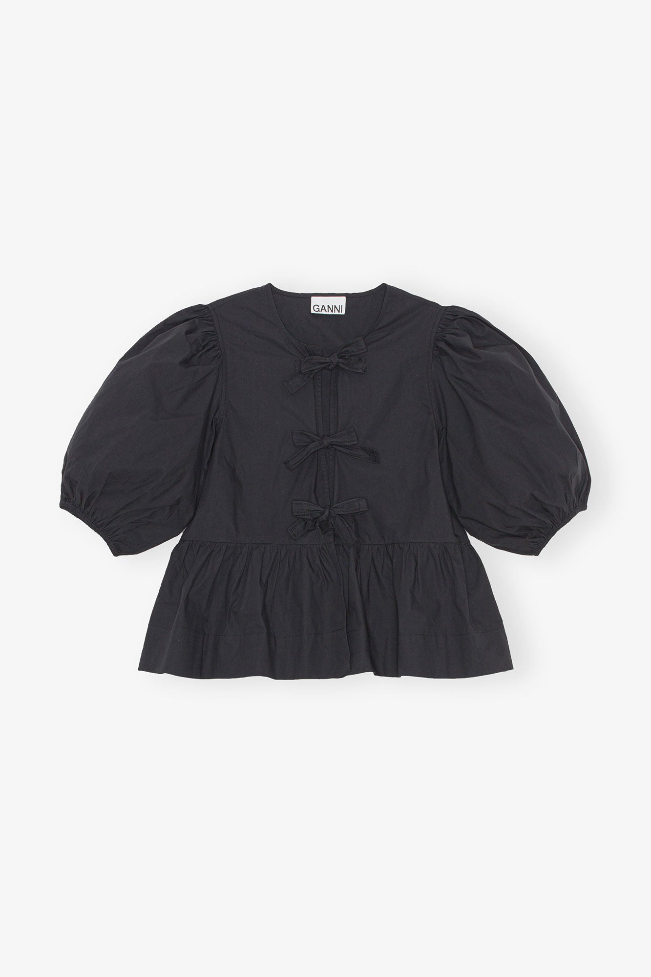 GANNI Discount Cotton Poplin Peplum Tie Blouse