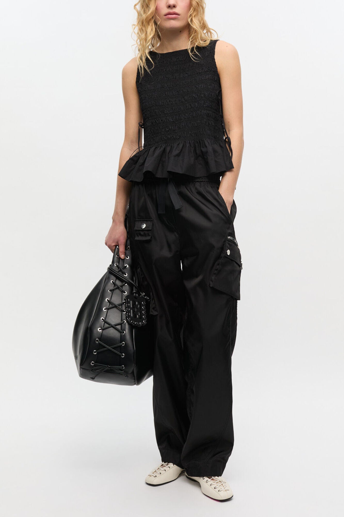 GANNI On Sale Black Cotton Smock Tie Top