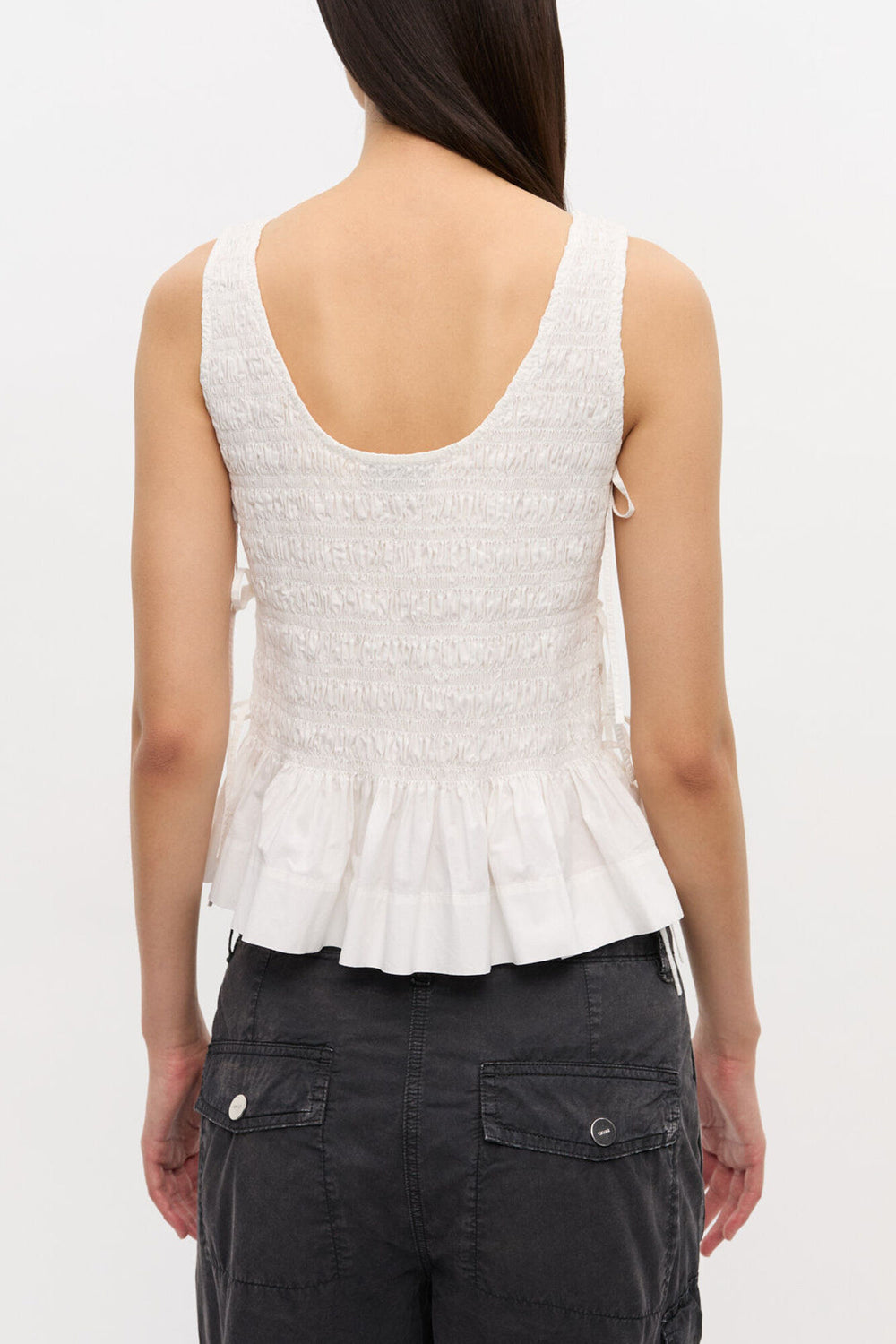 GANNI Outlet Top in White Smocked Cotton