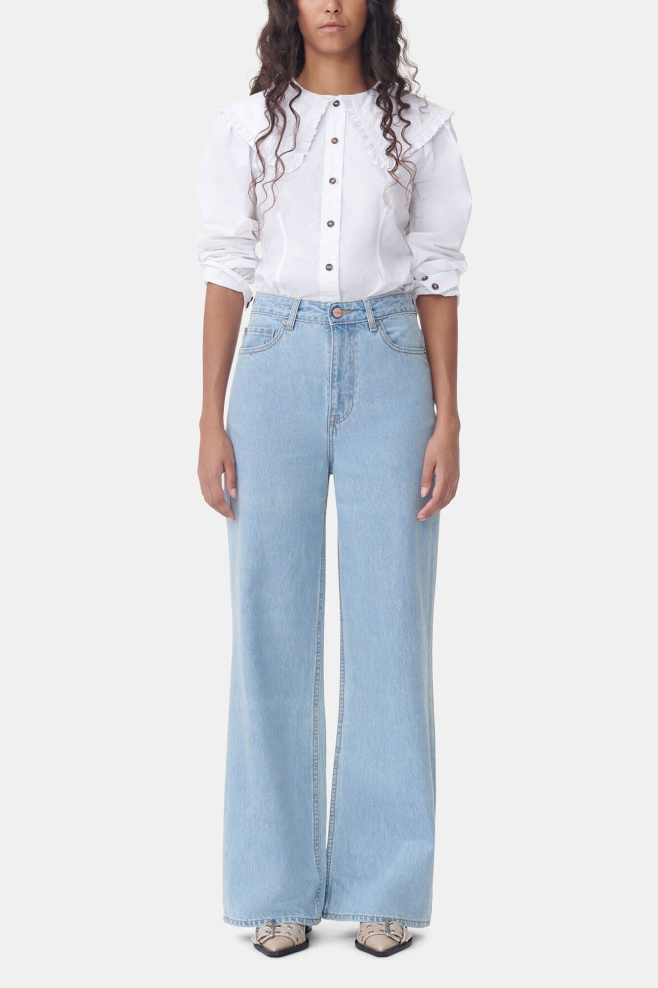 GANNI On Sale White Frill Collar Poplin Shirt
