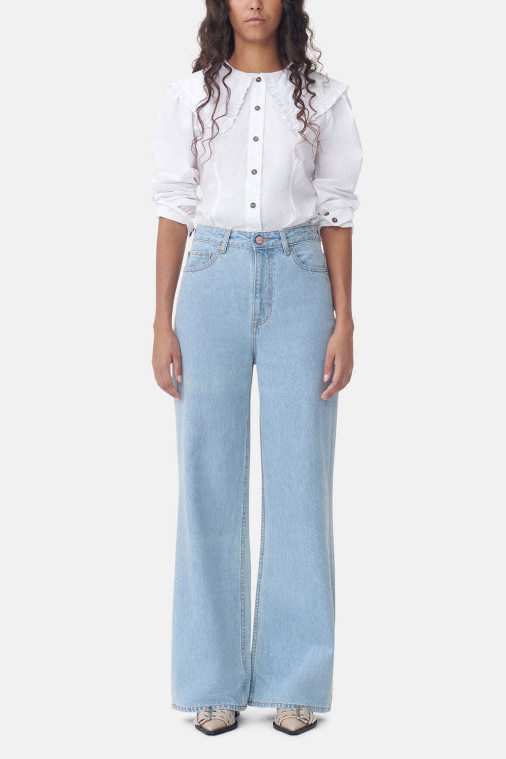 GANNI On Sale White Frill Collar Poplin Shirt