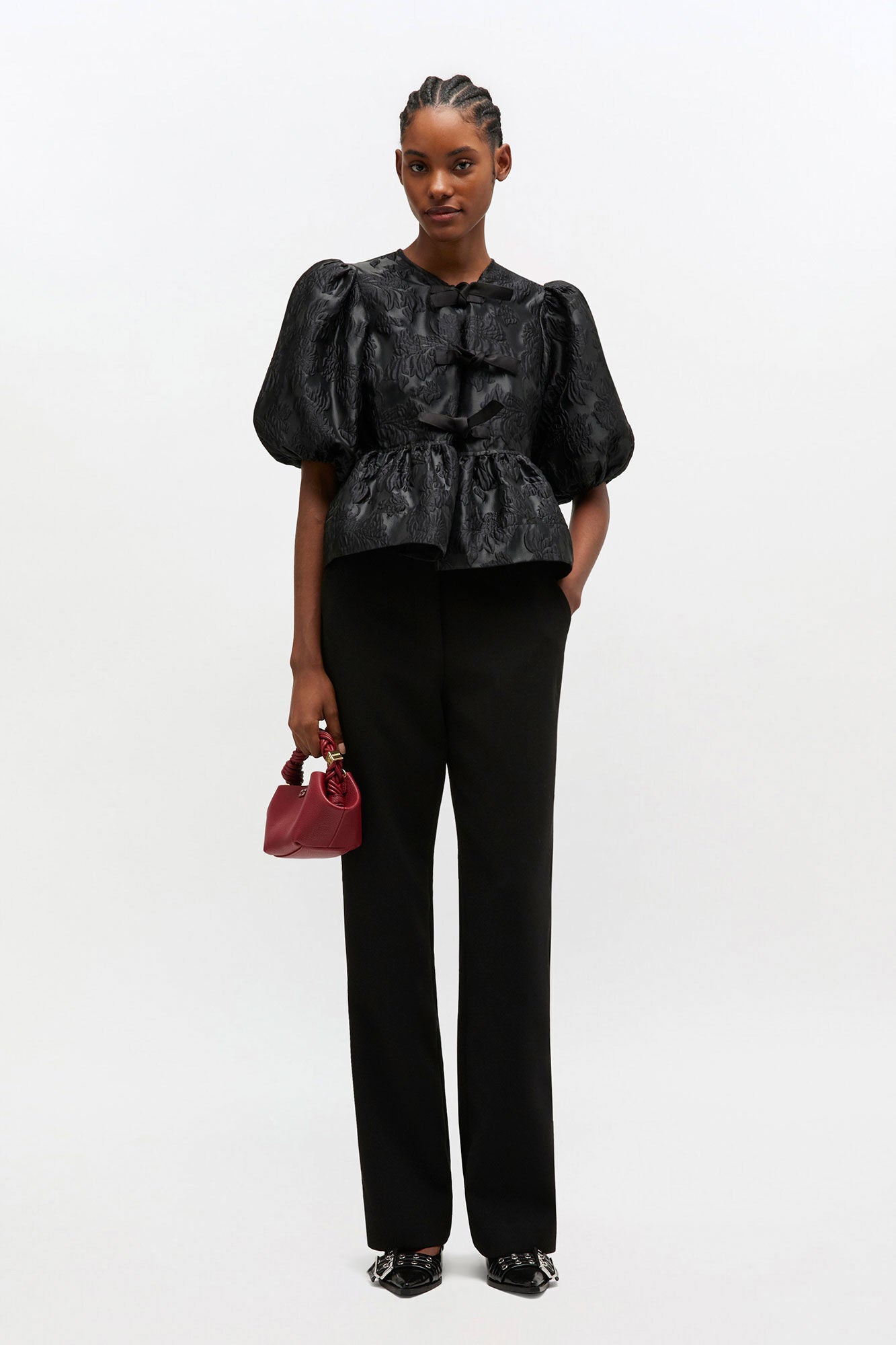 GANNI Discount Satin Peplum Tie Blouse