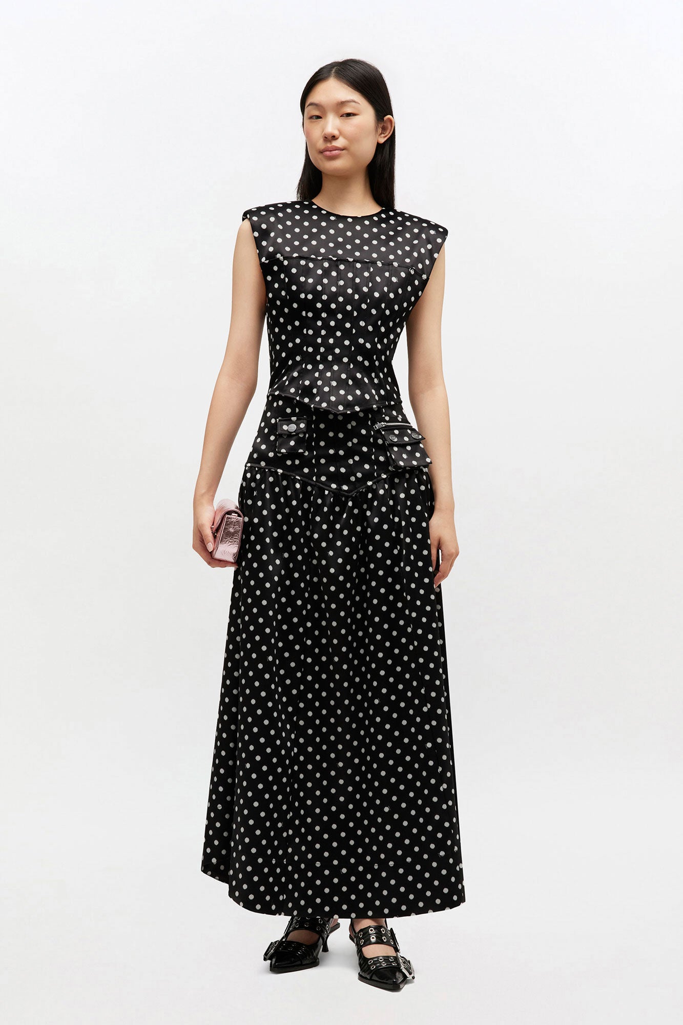 GANNI On Sale Polka-Dot Satin Corset Top