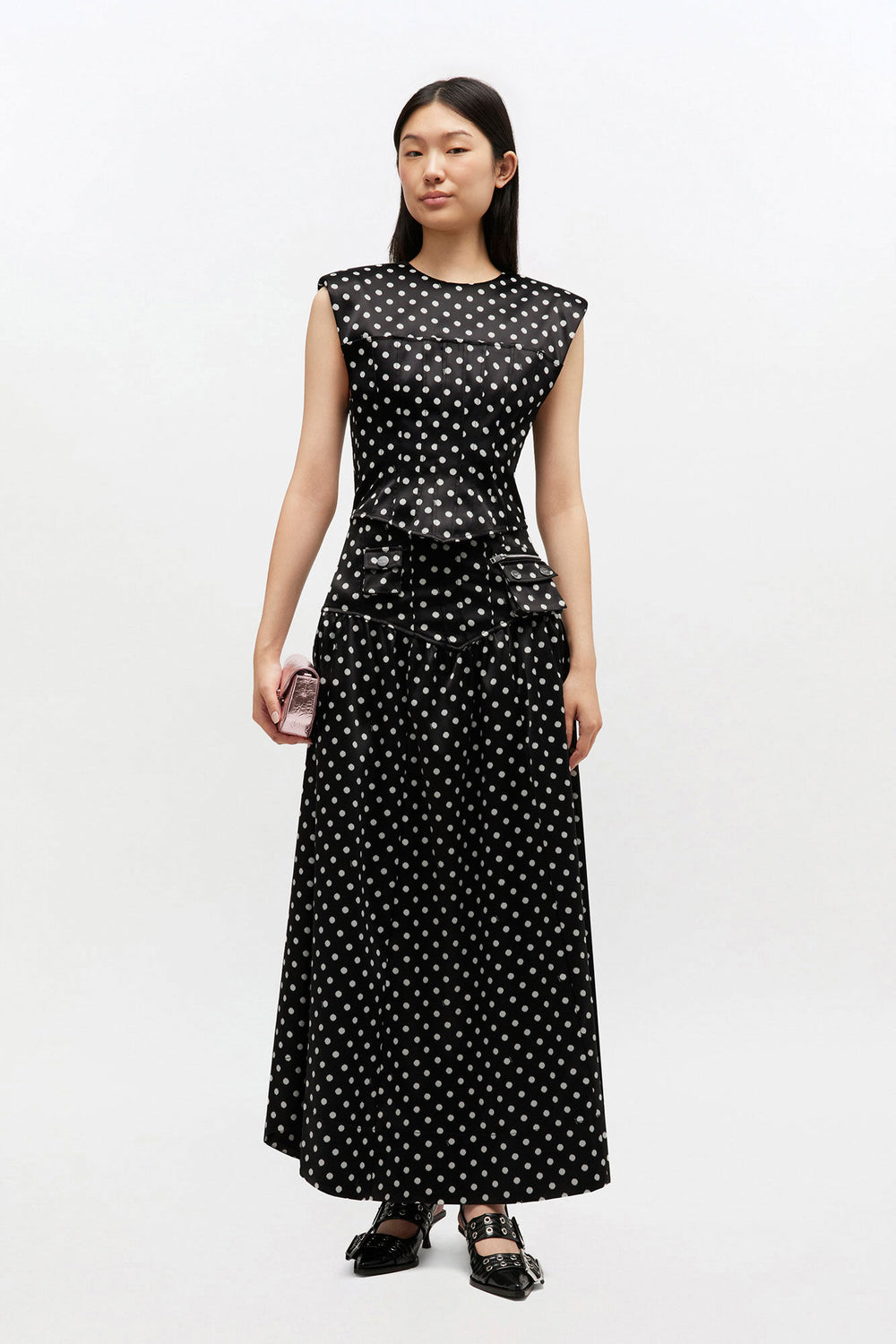 GANNI On Sale Polka-Dot Satin Corset Top