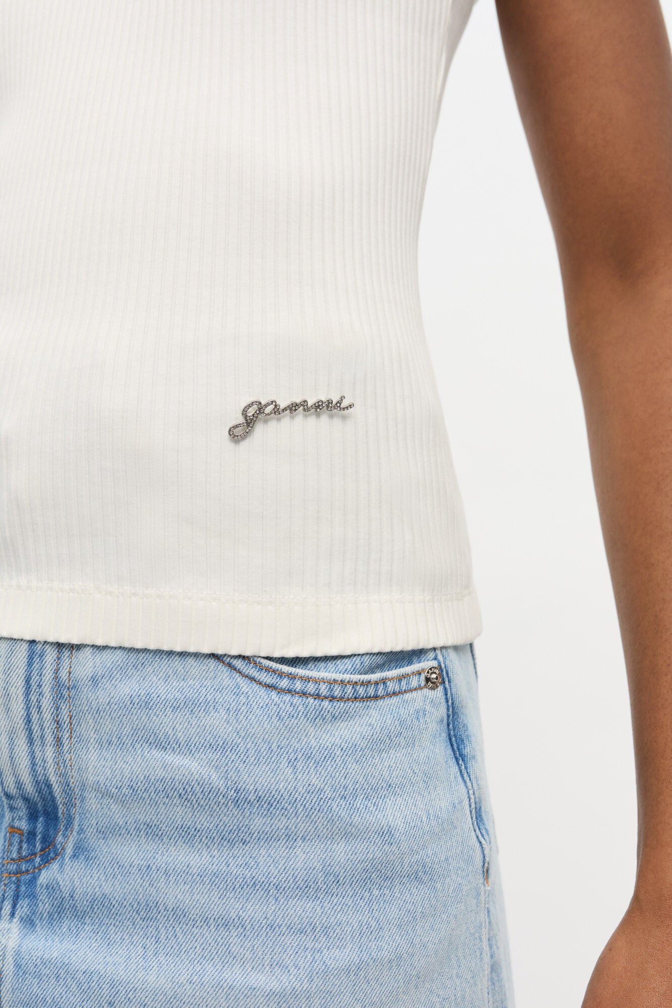 GANNI Hot Sale Ivory Ribbed Tank Top