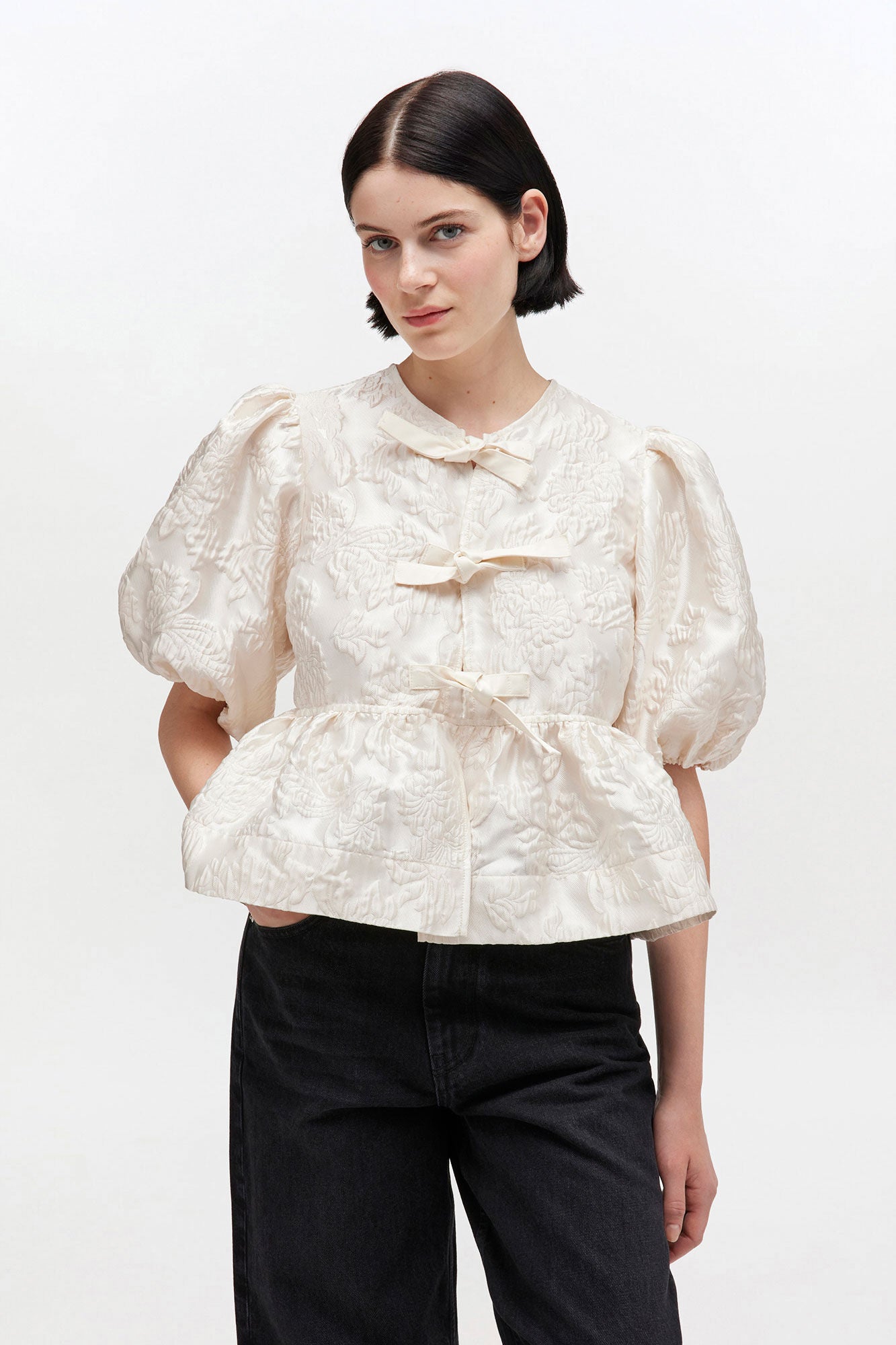 GANNI Outlet Satin Peplum Tie Blouse