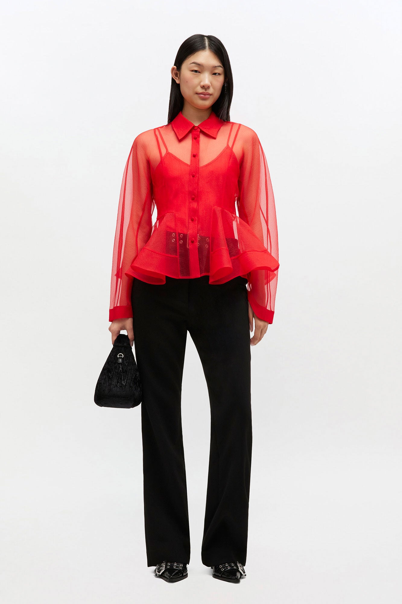 GANNI For Sale Red Organza Peplum Shirt