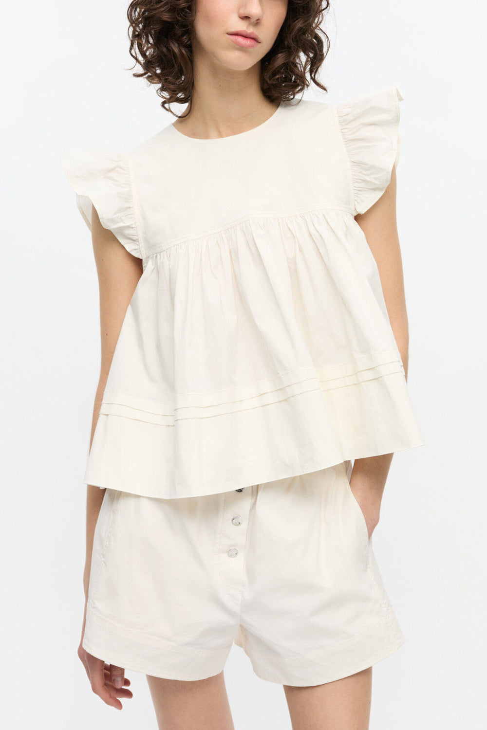 GANNI Sale White Stretch Cotton Frill Sleeve Top