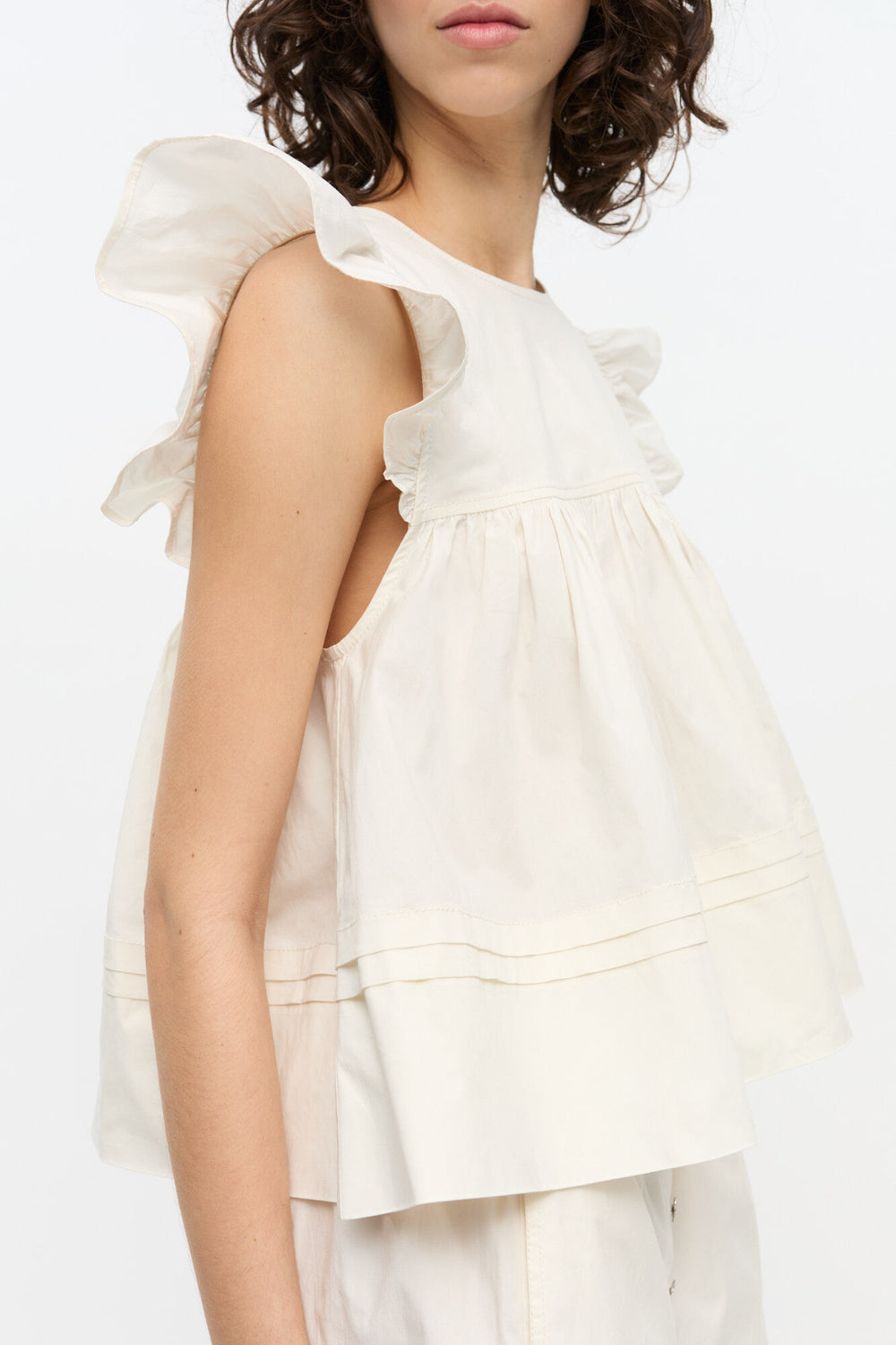 GANNI Sale White Stretch Cotton Frill Sleeve Top