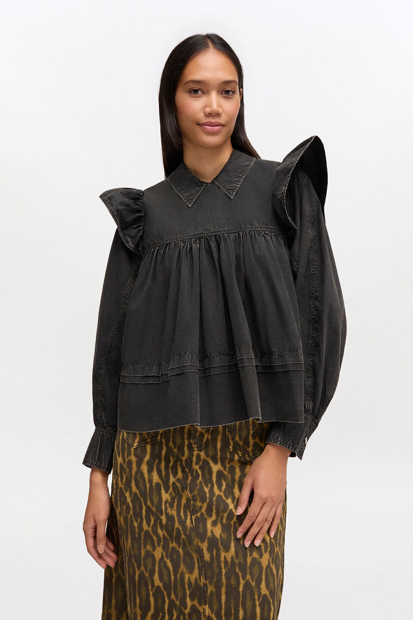GANNI Discount Black Washed Frill Blouse