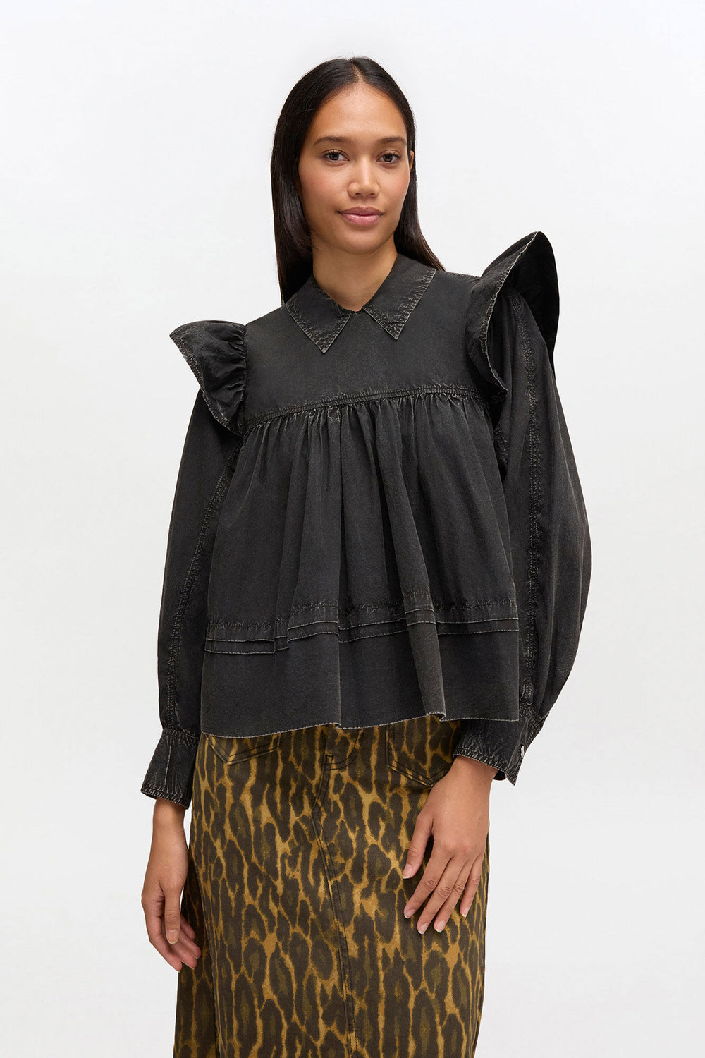 GANNI Discount Black Washed Frill Blouse