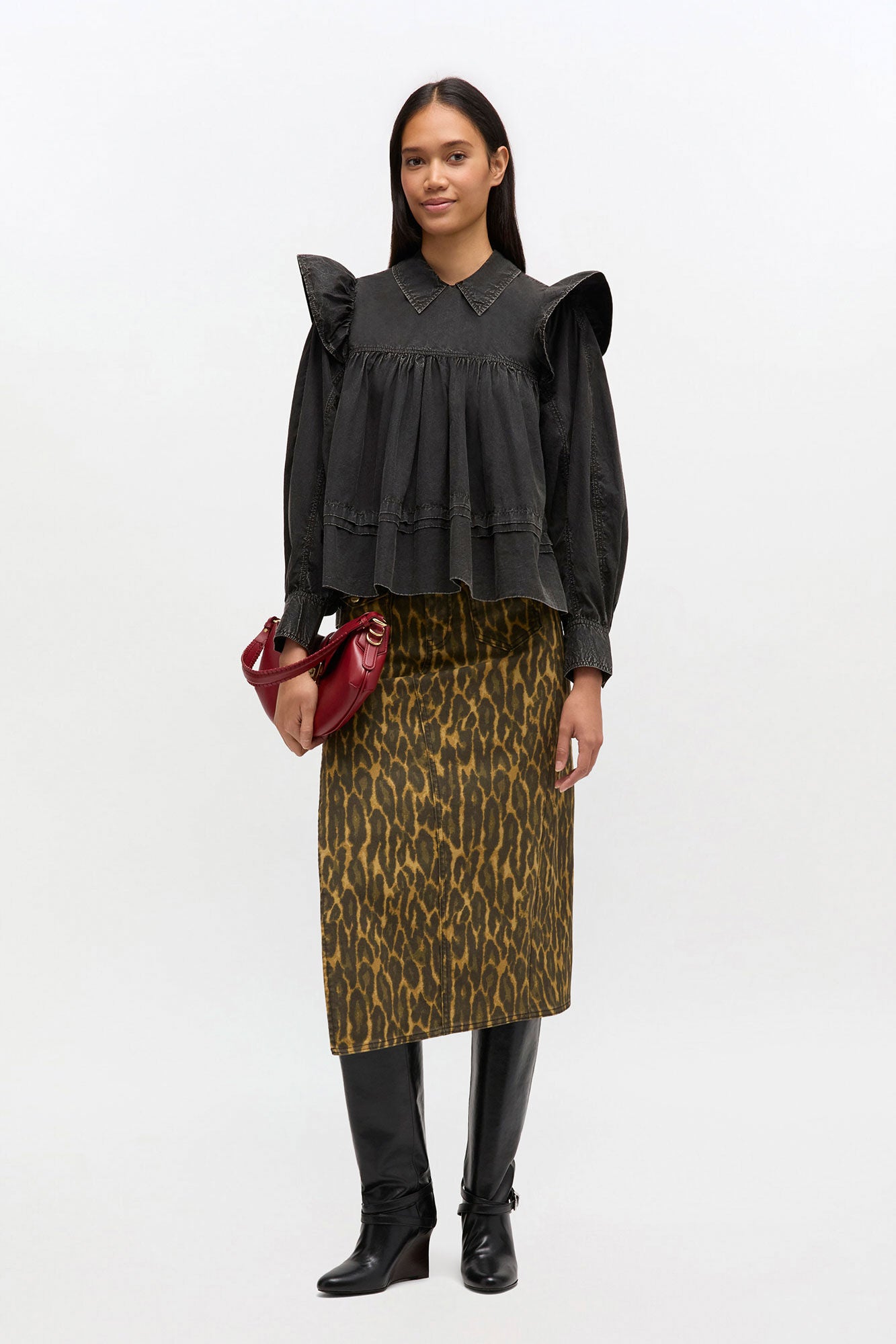 GANNI Discount Black Washed Frill Blouse