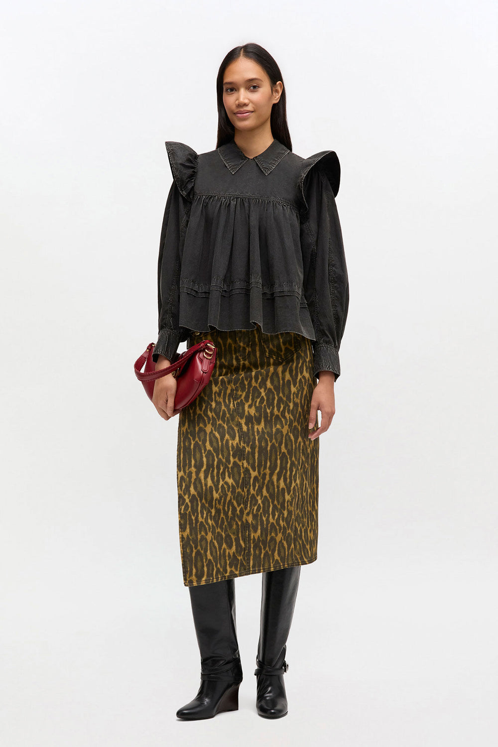 GANNI Discount Black Washed Frill Blouse