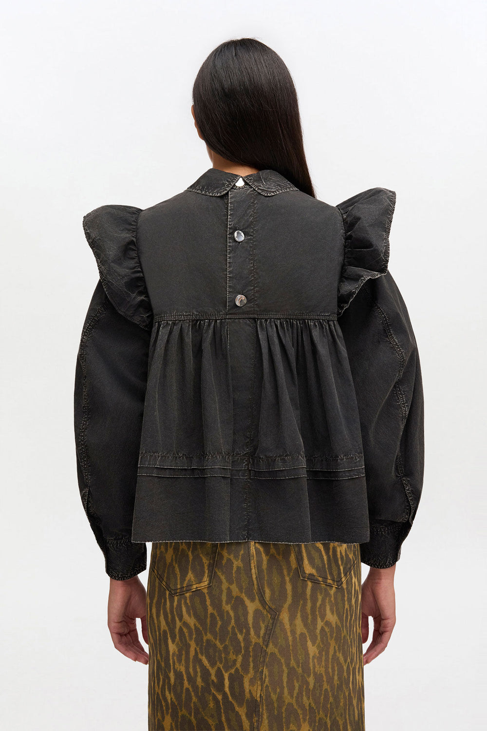 GANNI Discount Black Washed Frill Blouse